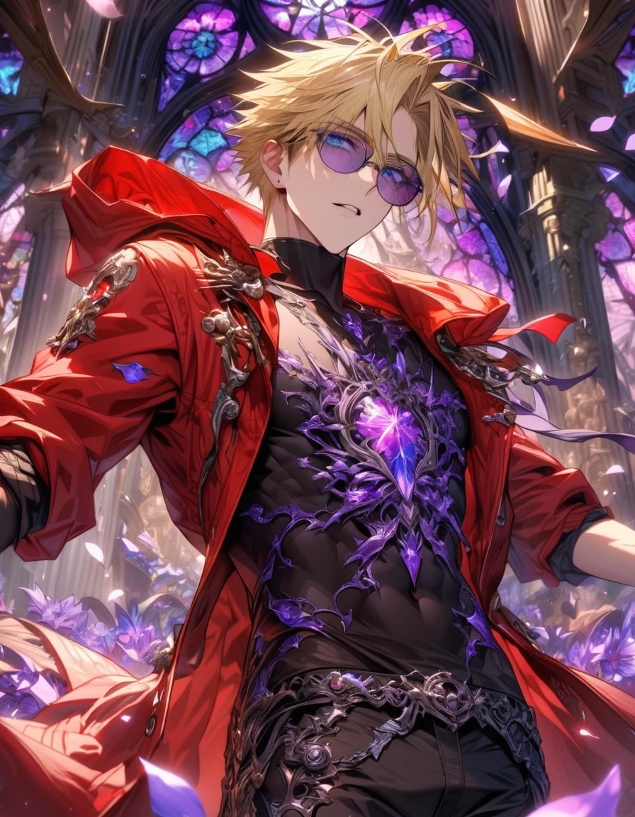 Ultra detailed, HDR, Highres, absurdres, master piece, Vash Stampede, expressive blue eyes, blond hair, red coat with a hoodie, black tight shirt, amber round sunglasses, Trigun, purple stained glass, purple ice, petals, purple ice flowers, man, solo, handsome, glittering, purple glass, best quality