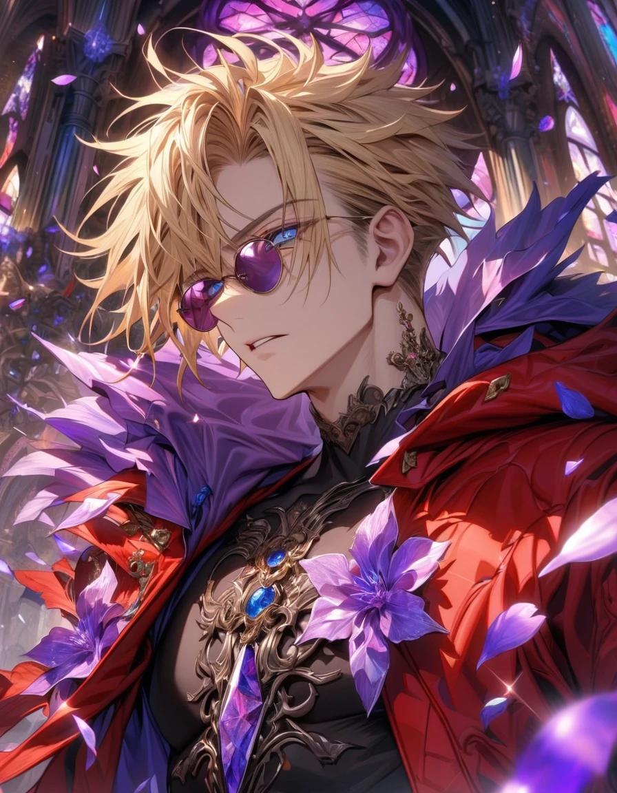 Ultra detailed, HDR, Highres, absurdres, master piece, Vash Stampede, expressive blue eyes, blond hair, red coat with a hoodie, black tight shirt, amber round sunglasses, Trigun, purple stained glass, purple ice, petals, purple ice flowers, man, solo, handsome, glittering, purple glass, best quality