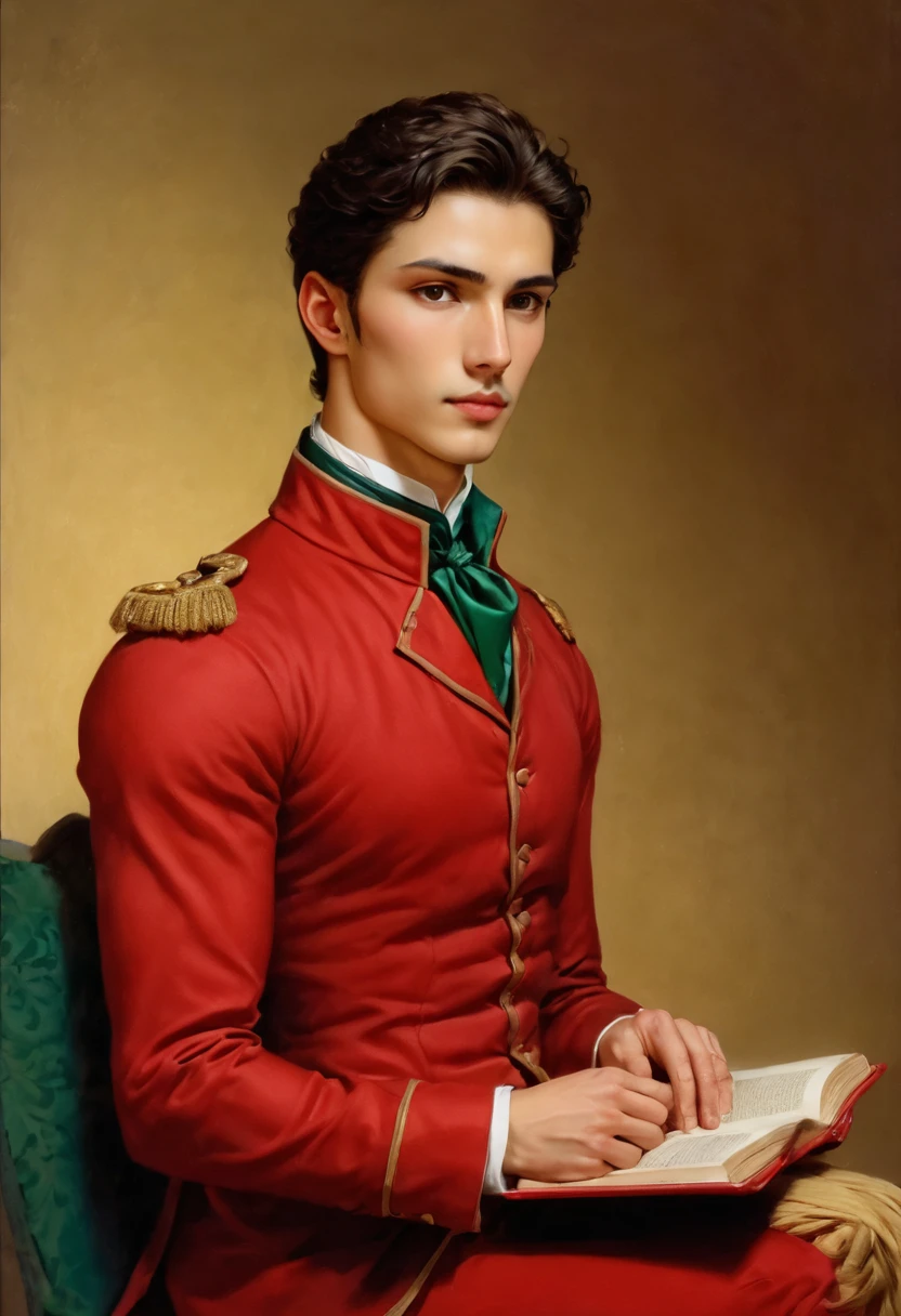 portrait of 1 man sitting starting to the viewer holding a red book

STYLE: in leng_jun+roberto_ferri art style, A mixture of photography and painting, 1800´s style

view from the front Image 

VIEW: ((fullbody)) portrait , 

SUBJECT: Young man, latino, 
FACE: diamont shaped, brawn straight short hair, green large eyes, straight nose, full lips, square chin, gorgeous, handsome
EXPRESSION, confident, autosuficient expression, indeference gaze
BODY:  perfect anatomy , slender athletic hairy super shaped tonner body, perfect anatomy, man of vitruvious proportions, realistic skin, 
WEAR: black jacket, indigo shirt, golden tie
ACTION: sitting aside holding a red book
BACKGROUND: barroque living room with large window to see a stormy night and a lighthouse

COMPOSITION: symetric composition, perferct divine proportions, 
LIGHT: ambient lighting, barroque lamps

The image is a masterful composition of color, shape, and form, creating a sense of harmony and balance ultrdetailed, intincate detailed image, realistic, combine vivid color and soft colors to generate realisim sense, combine lights and shadows to generate deep sense,penis,a

,oil paint ,photo r3al