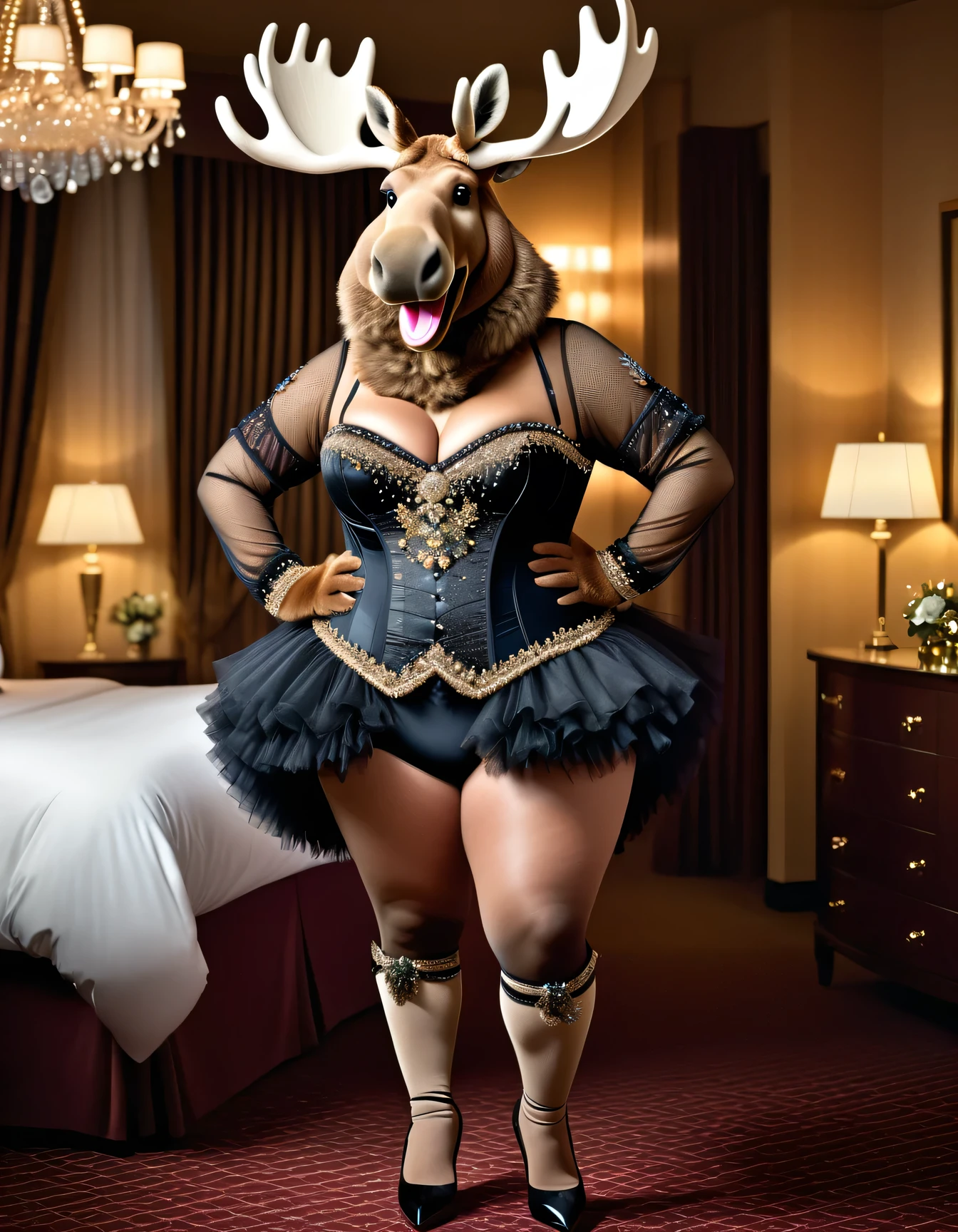photorealistic portrait of Dressed animals-a ((fat)) ((moose)) dancer,(furry), (elegant pose:1.5), (hands on hips:1.5),(smile:1.5),high quality,(happy),(lovely) ,intricate details, Wearing bustier, (), highly detailed ((bustier)) ,highly detailed decorations of clothes, Fishnet panty horse , (happy), soft lighting,(full body image:2.0),luxury hotel room background,(high heels),