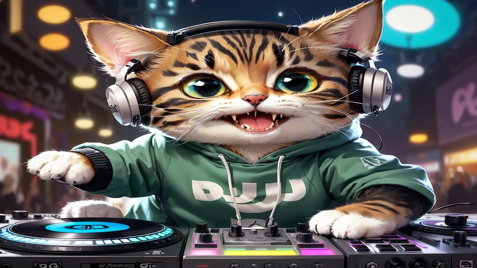 araffe cat in a hoodie playing music on a turntable, dj, dj sura, dj set, turntablism dj scratching, cute detailed digital art, cute digital art, adorable digital painting, furry artist, puppy as a dj, background artwork, profile picture 1024px, cats party, beautiful digital artwork, dj rave , furry digital art