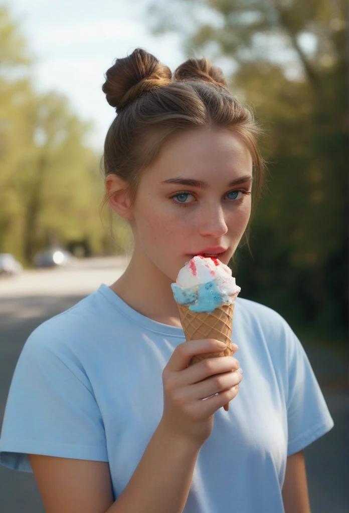 Cute Swedish 18 year old girl, brown hair pulled back into a messy bun, Bright blue eyes, holding ice cream cone, sticking her tongue out, Photorealistic, film looks, outdoors with confetti explossion, sunlight exposure and shadow, colorful, Cinematic lighting, midjourney v6 style