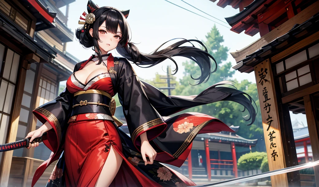 Black hair geisha hairstyle adult women,kimono,cleavage,long skirt,thigh,Samurai sword,japanese town