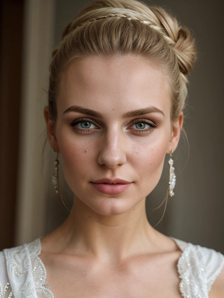solo, photorealistic, wide shot, best quality, hyper detailed, 25 years old Circasssian woman, mature-looking face, boobies, high detailed deep wrinkles, beauty mark, intricate, messy bun blonde, Circassian facial features