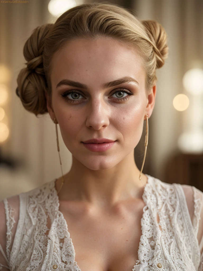 solo, photorealistic, wide shot, best quality, hyper detailed, 25 years old Circasssian woman, mature-looking face, boobies, high detailed deep wrinkles, beauty mark, intricate, messy bun blonde, Circassian facial features