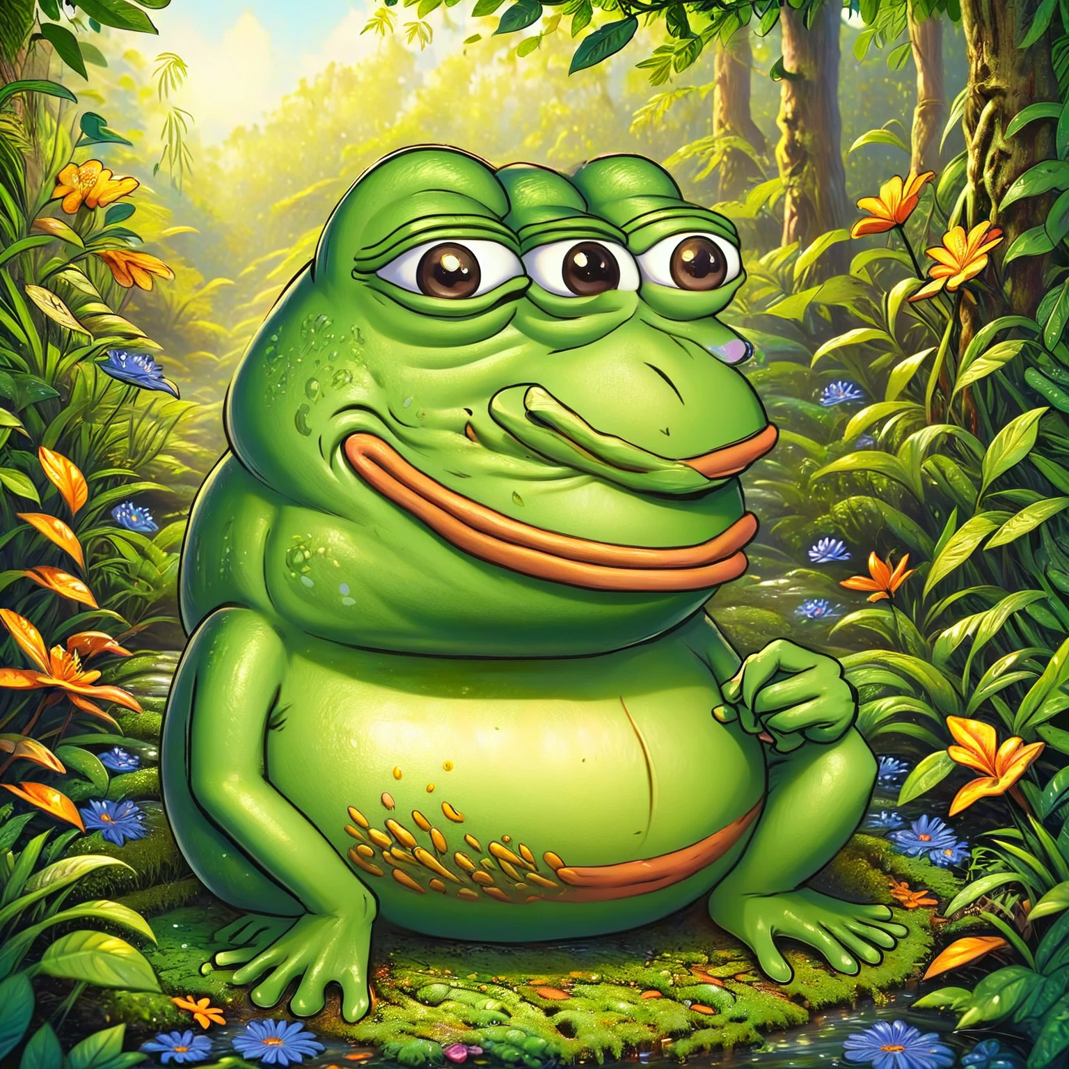 a pepe frog with friendly expression,pepe frog character,cute frog mascot,cartoon style,vibrant colors,detailed intricate design,digital illustration,surreal fantasy,whimsical concept,adorable frog character,frog joining a community,friendly frog mascot,warm and inviting atmosphere,soft textures,natural elements,lush foliage,sense of community,digital art,4k,8k,highres,masterpiece,ultra-detailed,realistic,photorealistic