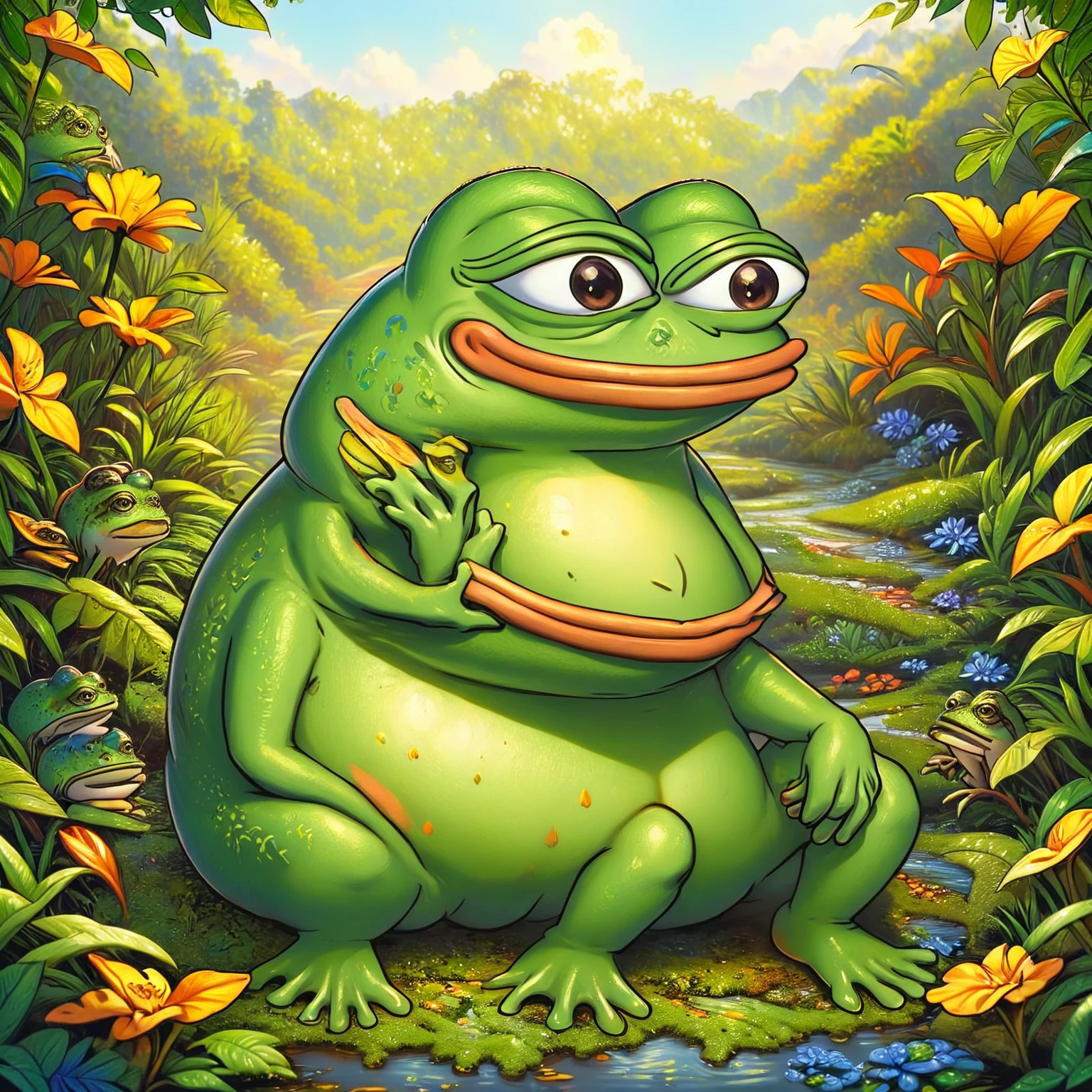 a pepe frog with friendly expression,pepe frog character,cute frog mascot,cartoon style,vibrant colors,detailed intricate design,digital illustration,surreal fantasy,whimsical concept,adorable frog character,frog joining a community,friendly frog mascot,warm and inviting atmosphere,soft textures,natural elements,lush foliage,sense of community,digital art,4k,8k,highres,masterpiece,ultra-detailed,realistic,photorealistic