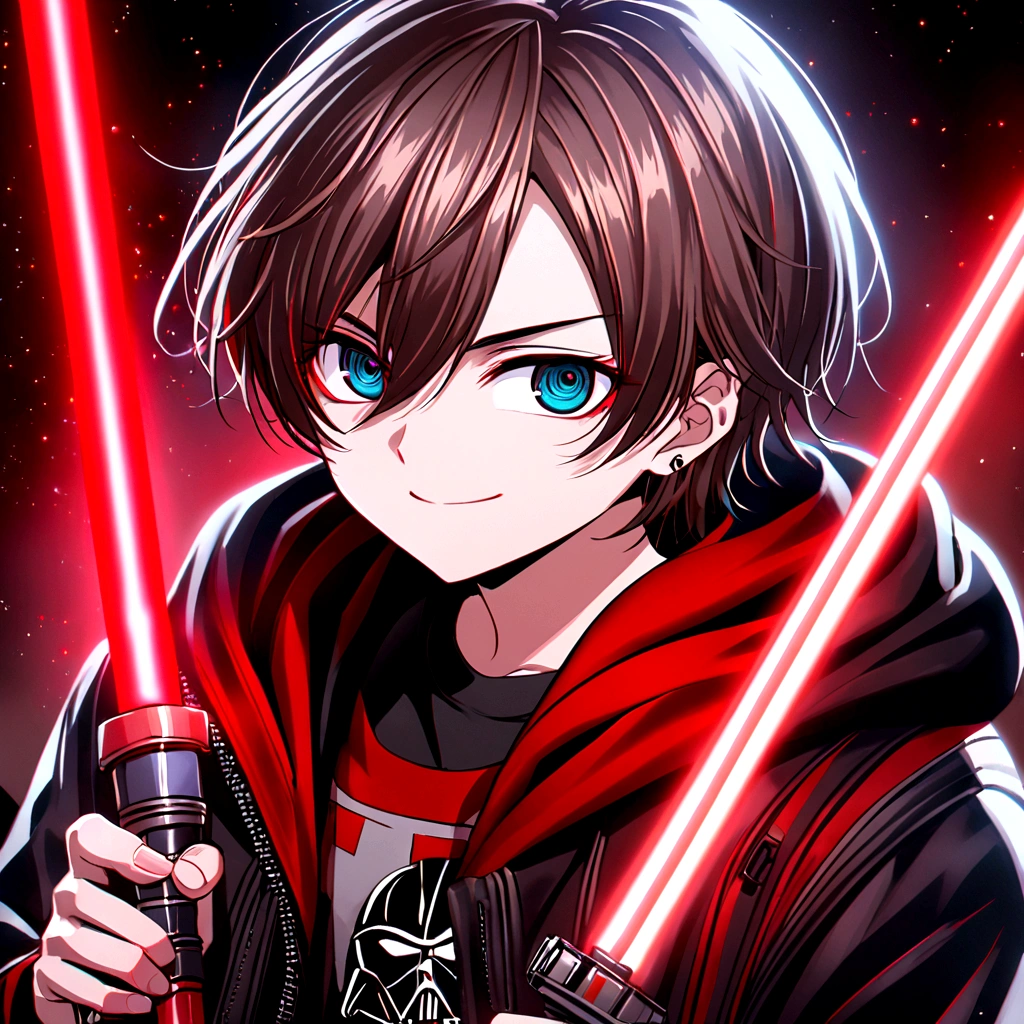 Kyotaro Ichikawa, Red eyes, smile evil, black jacket, black t-shirt with red details, gray sports pants, sneakers, lightsaber de color rojo, lightsaber (Star Wars), black background, Red light reflection, close view 