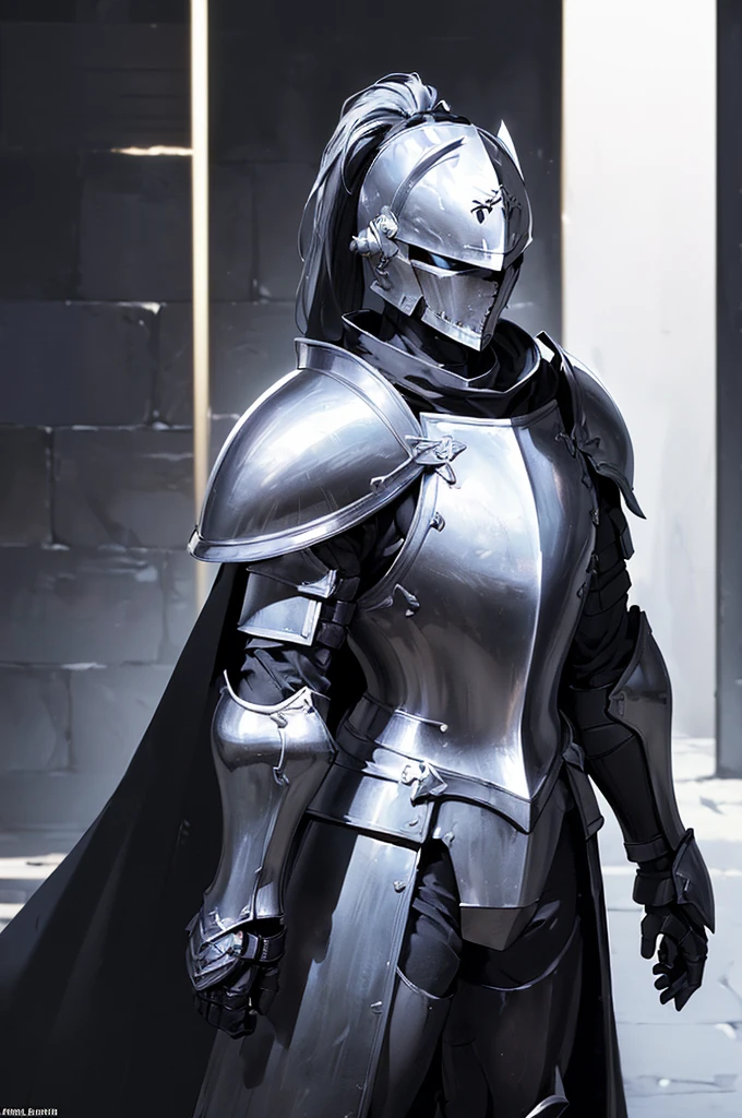 (masterpiece; best quality: 1.2), ((full armored knight man)), ((solo)), (black eyes: 1.4), (body; toned, lean, masculine: 1.3), (beautiful and clear background: 1.2), ((depth of field)), (equipment: full plate all-dark black realistic armor + closed helmet with ponytail + black cape: 1.3), (anime illustration: 1.2), (background composition; fantasy castle corridor + furniture: 1.1), (extremely fine and handsome: 1.1), (shot composition; standing + centered on torso + close-up: 1.5), (expression; calm, stoic: 1.2)