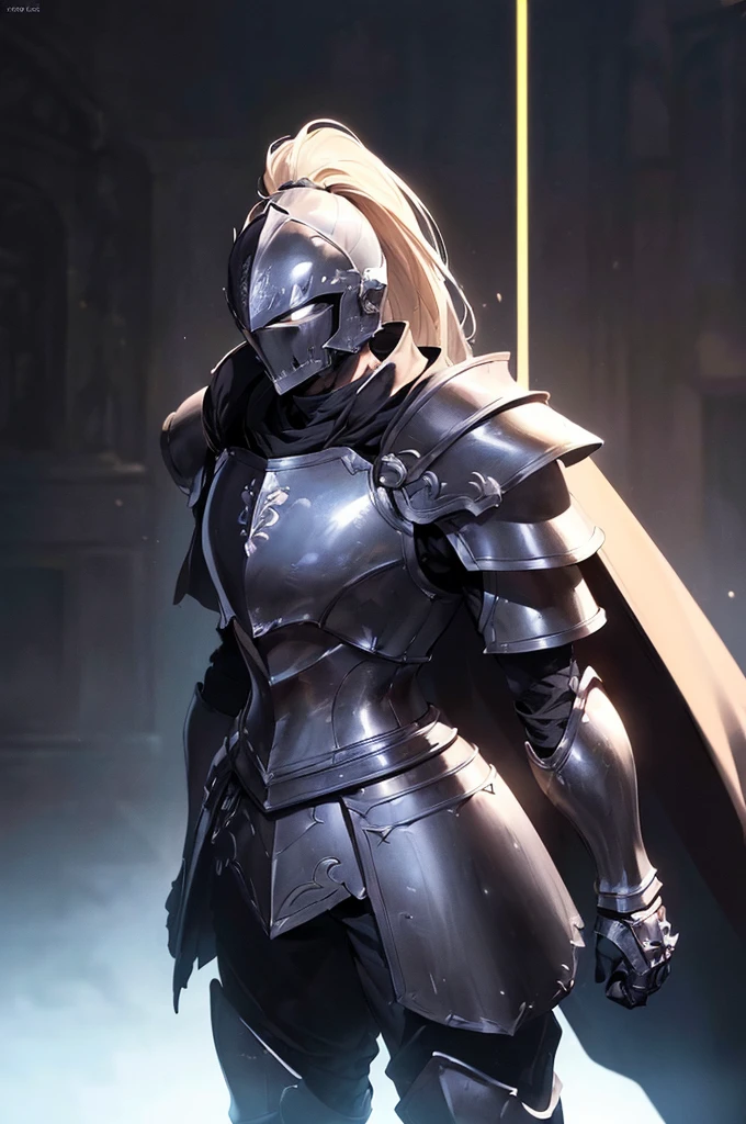 (masterpiece; best quality: 1.2), ((full armored knight man)), ((solo)), (black eyes: 1.4), (body; toned, lean, masculine: 1.3), (beautiful and clear background: 1.2), ((depth of field)), (equipment: full plate all-dark black realistic armor + closed helmet with ponytail + black cape: 1.3), (anime illustration: 1.2), (background composition; fantasy castle corridor + furniture: 1.1), (extremely fine and handsome: 1.1), (shot composition; standing + centered on torso + close-up: 1.5), (expression; calm, stoic: 1.2)