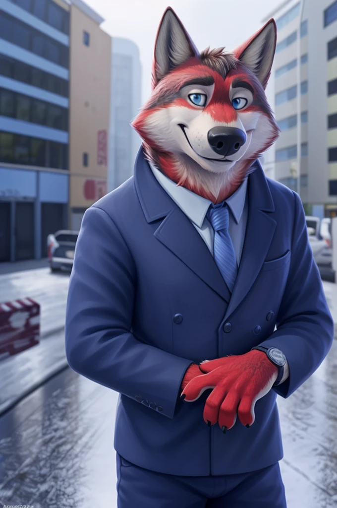 Ivan Fedorovich Wolfbach (Novosibirsk) ,tall handsome, wolf,young, 24 years, brown fur,Kind,(red body:1.3),beautiful blue eyes,Novosibirsk,dressed, Blue jacket, White shirt, Red tie, blue pants, wolf, detailed fur, male,paw pads, finger claws,At the viewer, 5 fingers, paws, 5 fingers, smile, wrist watch, т nextel,by xenoforge, (difficult, high detail, digital photography, soft focus, RAW variety близко к камере, variety,Novosibirsk, smile, good mood, positive, Very close to the camera,presenter Moscow,
Photorealism, realistic, digital style, Subsurface scattering,looks at the squares, News studio, a good mood, funny,
masterpiece, Best quality, ultra realistic, 8 thousand.)
