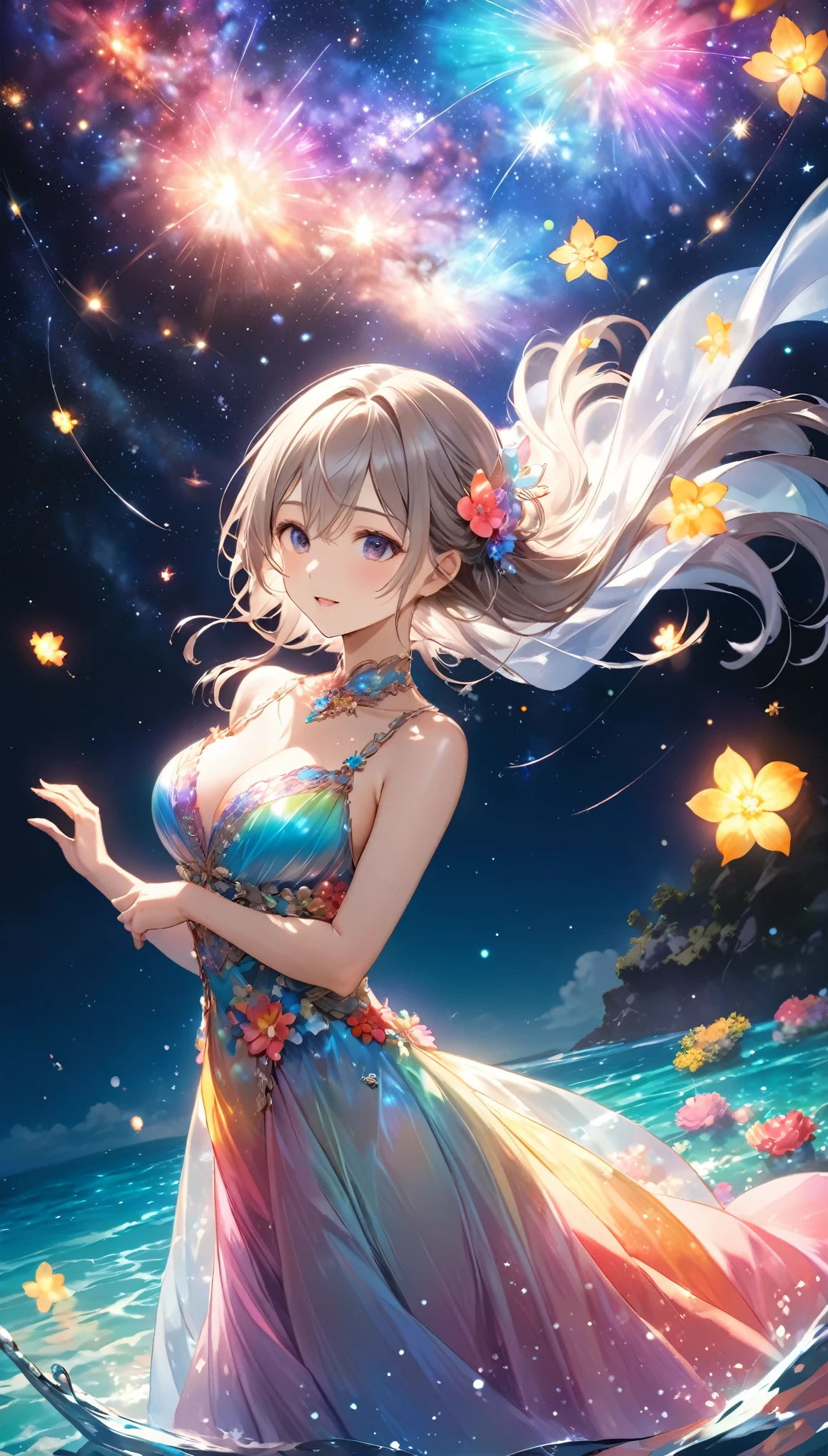 Highest quality, Highest quality, 16K, Unbelievably absurd, Very detailed, 2.5D, delicate and dynamic, under water, In the water, Swimming in the ocean, Brightly colored coral, Small faint lights and flying fireflies, night, Starry Sky, milky way, nebula, shooting star, Flowers,, Very delicate facial expressions, Delicate eye depiction, Upper body close-up, erotic, dynamic sexy poses, Only sexy women, Healthy body shape, 22-year-old woman, Aristocratic women, Height: 170cm, Large, firm, swaying bust, Colorful floral ornaments, Crystal translucent dress, Wrap your whole body in a semi-transparent cloth, A long dress with a complex structure, Colorful long dress, In the waterに浮かぶドレス