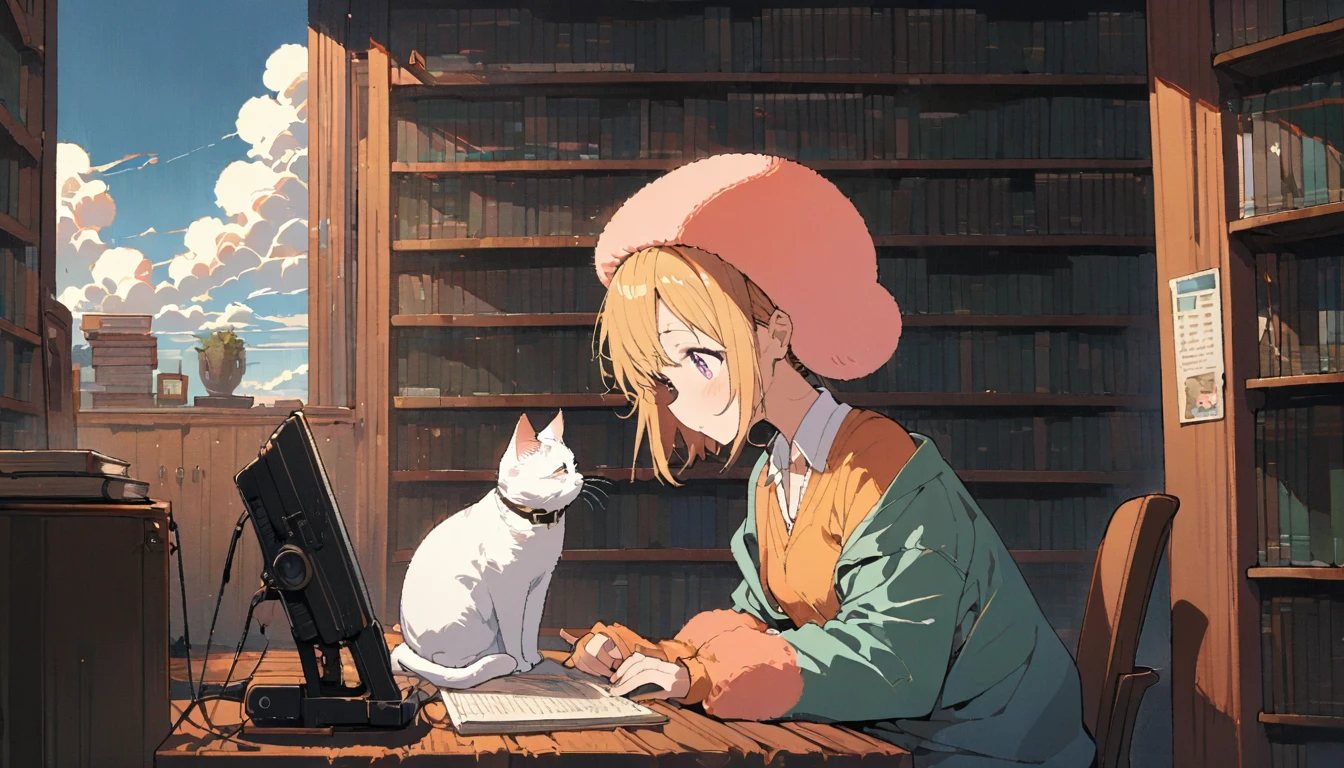 ((anime:1.4,illustration)),(masterpiece, top quality, best quality),(ultra-detailed, absolutely resolution),((16k, high res)), (((girl, study in library, cat, sky, cumulonimbus cloud)) ((cozy lofi illustration:1.4)), ((anime:1.4, illustration)),(masterpiece, top quality, best quality),(ultra-detailed, absolutely resolution),((16k, high res)) BREAK {lofi art, style of Laurie Greasley, style of Makoto Shinkai, anime aesthetic}, BREAK { (produces images with information than 40 million pixels with cinematic-like detailed textures shot on a Sony SLR).}