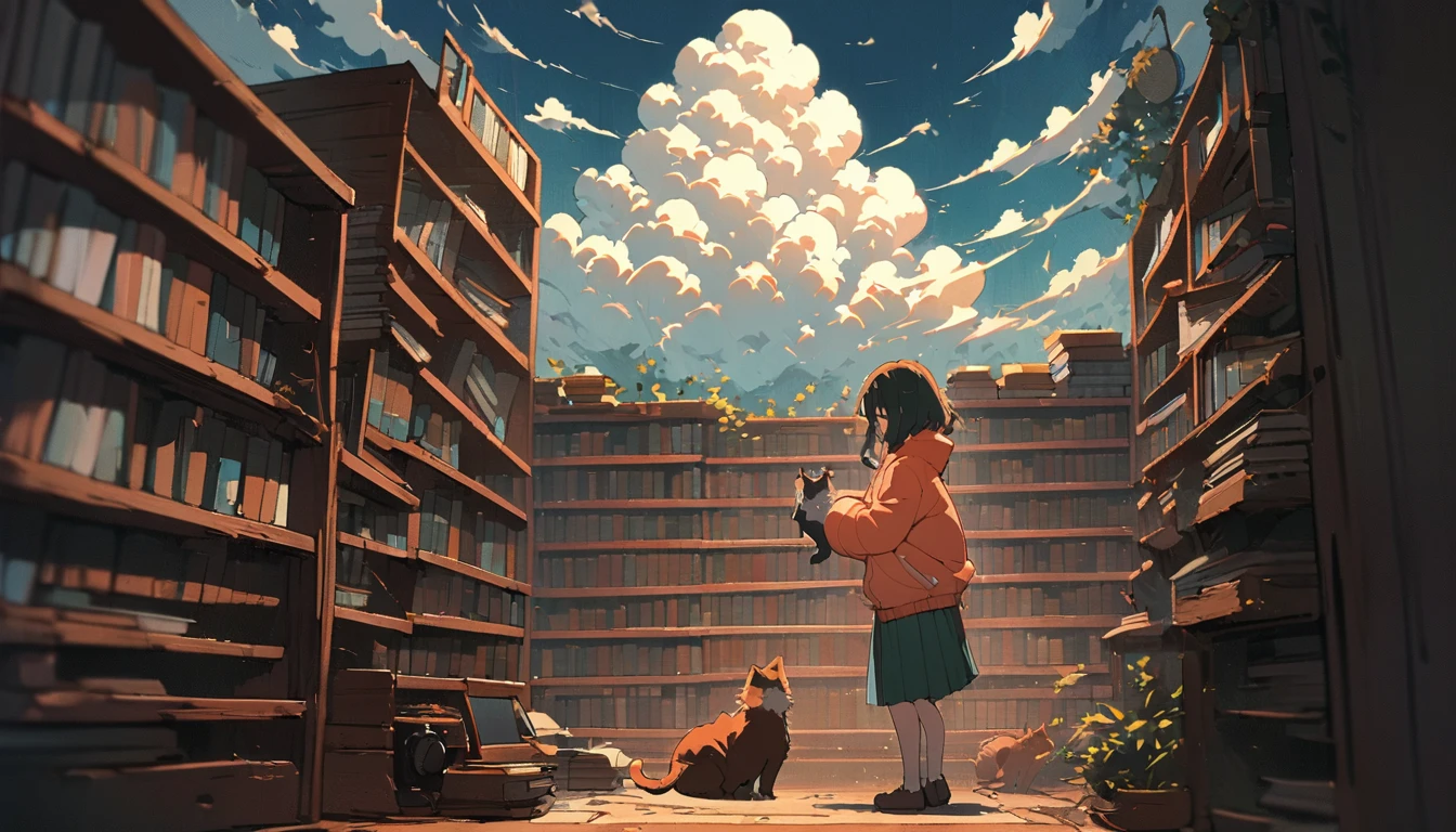 ((anime:1.4,illustration)),(masterpiece, top quality, best quality),(ultra-detailed, absolutely resolution),((16k, high res)), (((girl, study in library, cat, sky, cumulonimbus cloud)) ((cozy lofi illustration:1.4)), ((anime:1.4, illustration)),(masterpiece, top quality, best quality),(ultra-detailed, absolutely resolution),((16k, high res)) BREAK {lofi art, style of Laurie Greasley, style of Makoto Shinkai, anime aesthetic}, BREAK { (produces images with information than 40 million pixels with cinematic-like detailed textures shot on a Sony SLR).}