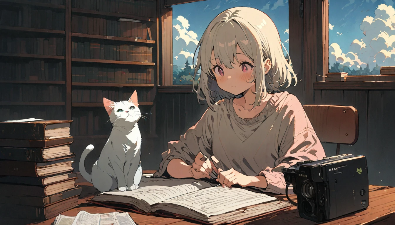 ((anime:1.4,illustration)),(masterpiece, top quality, best quality),(ultra-detailed, absolutely resolution),((16k, high res)), (((girl, study in library, cat, sky, cumulonimbus cloud)) ((cozy lofi illustration:1.4)), ((anime:1.4, illustration)),(masterpiece, top quality, best quality),(ultra-detailed, absolutely resolution),((16k, high res)) BREAK {lofi art, style of Laurie Greasley, style of Makoto Shinkai, anime aesthetic}, BREAK { (produces images with information than 40 million pixels with cinematic-like detailed textures shot on a Sony SLR).}