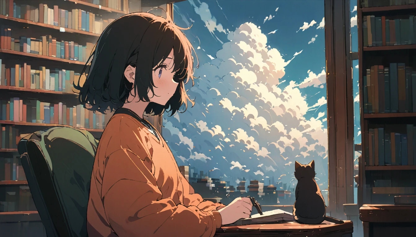 ((anime:1.4,illustration)),(masterpiece, top quality, best quality),(ultra-detailed, absolutely resolution),((16k, high res)), (((girl, study in library, cat, sky, cumulonimbus cloud)) ((cozy lofi illustration:1.4)), ((anime:1.4, illustration)),(masterpiece, top quality, best quality),(ultra-detailed, absolutely resolution),((16k, high res)) BREAK {lofi art, style of Laurie Greasley, style of Makoto Shinkai, anime aesthetic}, BREAK { (produces images with information than 40 million pixels with cinematic-like detailed textures shot on a Sony SLR).}