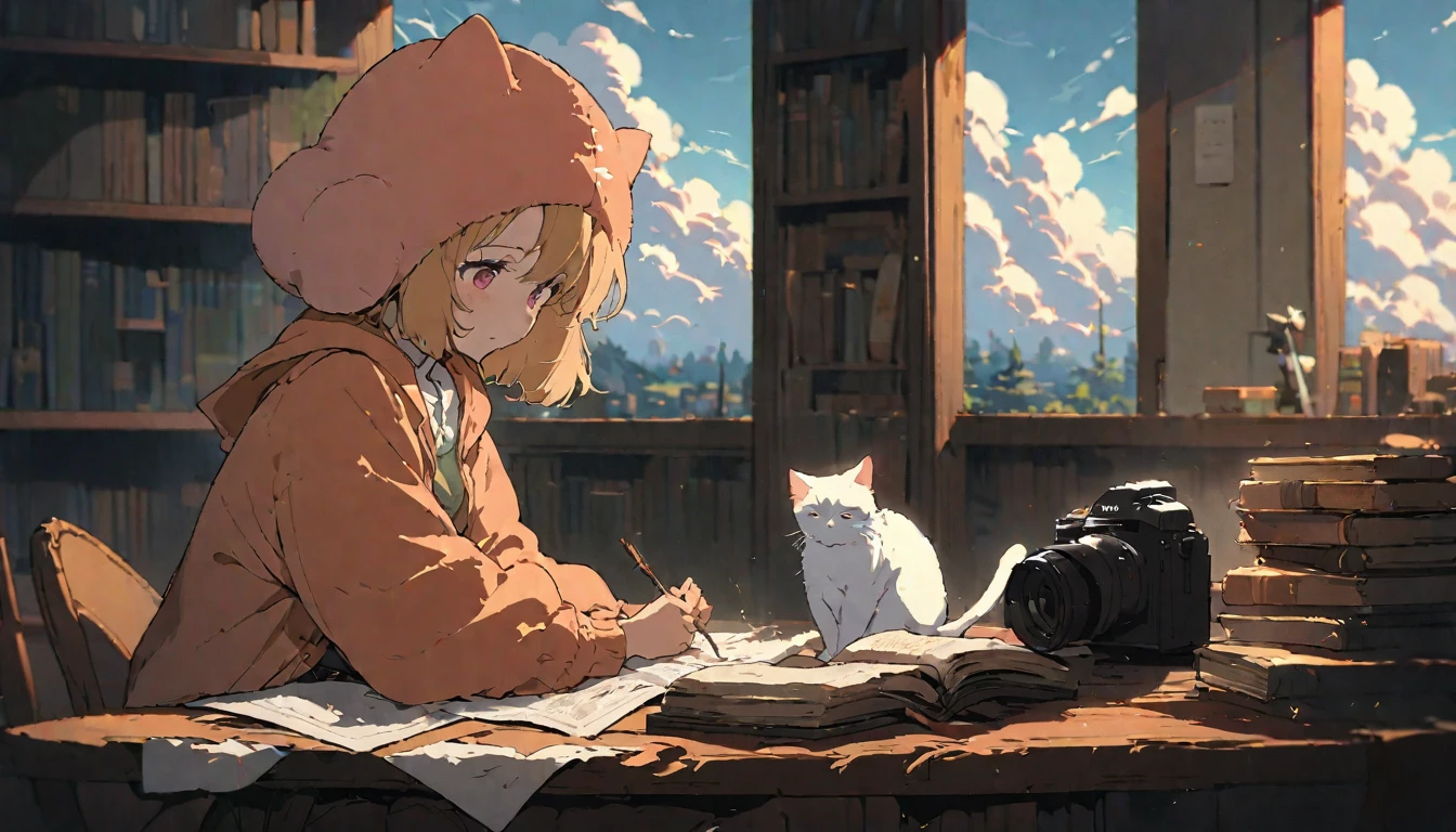 ((anime:1.4,illustration)),(masterpiece, top quality, best quality),(ultra-detailed, absolutely resolution),((16k, high res)), (((girl, study in library, cat, sky, cumulonimbus cloud)) ((cozy lofi illustration:1.4)), ((anime:1.4, illustration)),(masterpiece, top quality, best quality),(ultra-detailed, absolutely resolution),((16k, high res)) BREAK {lofi art, style of Laurie Greasley, style of Makoto Shinkai, anime aesthetic}, BREAK { (produces images with information than 40 million pixels with cinematic-like detailed textures shot on a Sony SLR).}