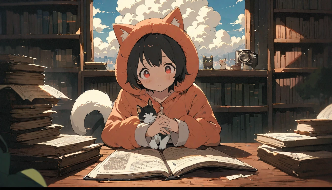 ((anime:1.4,illustration)),(masterpiece, top quality, best quality),(ultra-detailed, absolutely resolution),((16k, high res)), (((girl, study in library, cat, sky, cumulonimbus cloud)) ((cozy lofi illustration:1.4)), ((anime:1.4, illustration)),(masterpiece, top quality, best quality),(ultra-detailed, absolutely resolution),((16k, high res)) BREAK {lofi art, style of Laurie Greasley, style of Makoto Shinkai, anime aesthetic}, BREAK { (produces images with information than 40 million pixels with cinematic-like detailed textures shot on a Sony SLR).}