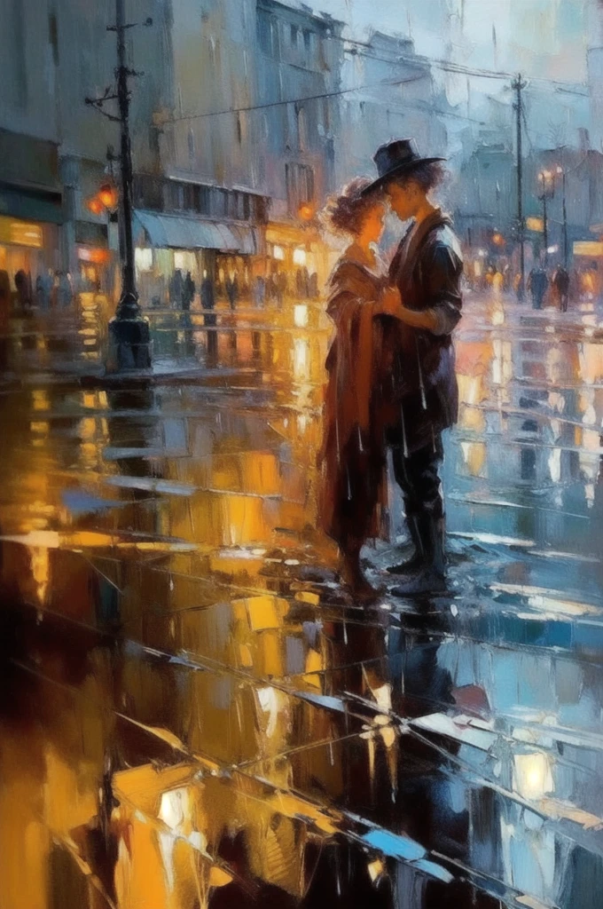 OIL PAINTIN made with palette knife, IMPRESSIONISM,(masterpiece, best quality, ultra-detailed, best shadow),(detailed background),realistic ,(Rembrandt), rainny evening in City, shown throught wet glass, shapes are blurred melts away from stream of rain disorder3d shapes, color field painting, (large swaths of color):1.2, abstract expressionism, bold hues, emotional impact, atmospheric depth, colorfull but colour composed painting