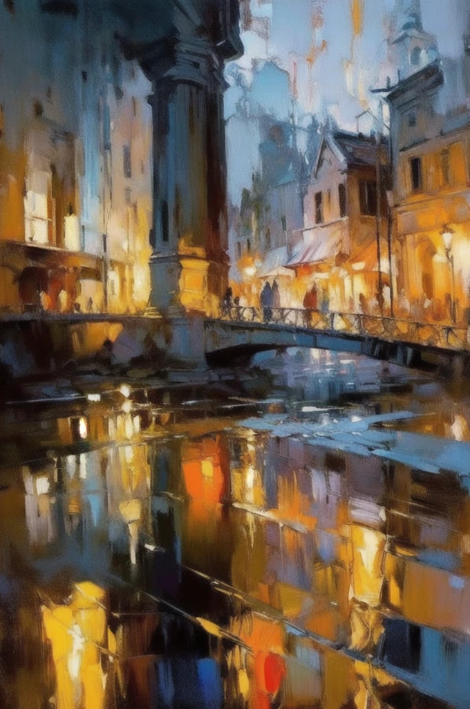 OIL PAINTIN made with palette knife, IMPRESSIONISM,(masterpiece, best quality, ultra-detailed, best shadow),(detailed background),realistic ,(Rembrandt), rainny evening in City, shown throught wet glass, shapes are blurred melts away from stream of rain disorder3d shapes, color field painting, (large swaths of color):1.2, abstract expressionism, bold hues, emotional impact, atmospheric depth, colorfull but colour composed painting