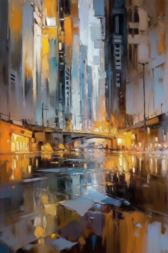 OIL PAINTIN made with palette knife, IMPRESSIONISM,(masterpiece, best quality, ultra-detailed, best shadow),(detailed background),realistic ,(Rembrandt),  rainny evening in City,  shown throught wet glass,  shapes are blurred melts away from stream of rain disorder3d shapes, color field painting, (large swaths of color):1.2, abstract expressionism, bold hues, emotional impact, atmospheric depth, colorfull but colour composed painting 