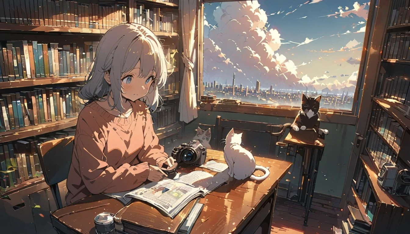 ((anime:1.4,illustration)),(masterpiece, top quality, best quality),(ultra-detailed, absolutely resolution),((16k, high res)), (((girl, study in library, cat, sky, cumulonimbus cloud)) ((cozy lofi illustration:1.4)), ((anime:1.4, illustration)),(masterpiece, top quality, best quality),(ultra-detailed, absolutely resolution),((16k, high res)) BREAK {lofi art, style of Laurie Greasley, style of Makoto Shinkai, anime aesthetic}, BREAK { (produces images with information than 40 million pixels with cinematic-like detailed textures shot on a Sony SLR).}