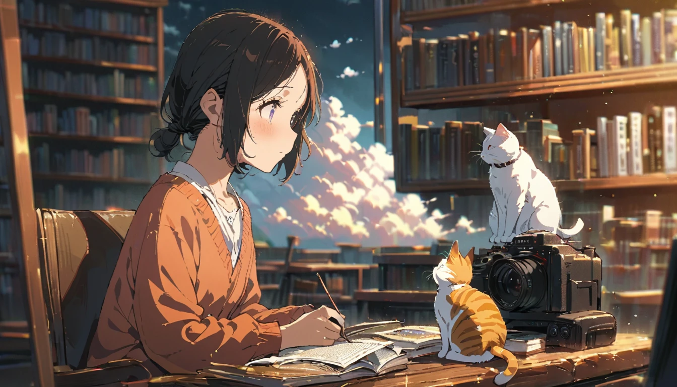 ((anime:1.4,illustration)),(masterpiece, top quality, best quality),(ultra-detailed, absolutely resolution),((16k, high res)), (((girl, study in library, cat, sky, cumulonimbus cloud)) ((cozy lofi illustration:1.4)), ((anime:1.4, illustration)),(masterpiece, top quality, best quality),(ultra-detailed, absolutely resolution),((16k, high res)) BREAK {lofi art, style of Laurie Greasley, style of Makoto Shinkai, anime aesthetic}, BREAK { (produces images with information than 40 million pixels with cinematic-like detailed textures shot on a Sony SLR).}