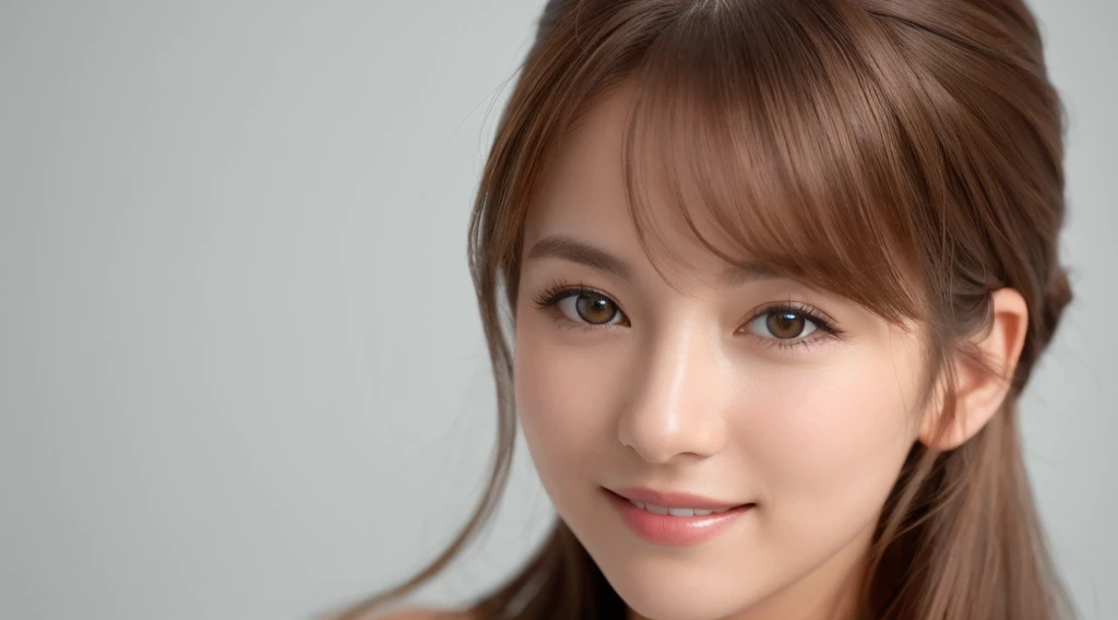 Create an image of a beautiful woman with chestnut brown hair. The background is clean white. She is making direct eye contact with the camera, and the focus is on her upper body. Her entire face is visible. She is smiling gently, radiating a sense of beauty and confidence. Design the image with the intention of using it for beauty-related promotions, capturing the essence of a confident and approachable beauty. Pay attention to details such as her hair, facial expression, and the overall composition against the clean white background