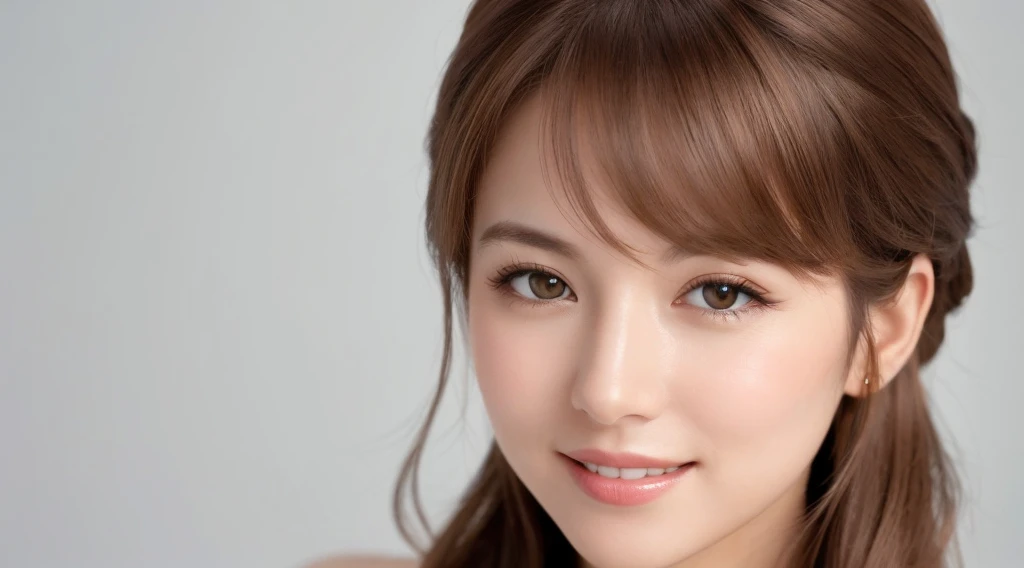Create an image of a beautiful woman with chestnut brown hair. The background is clean white. She is making direct eye contact with the camera, and the focus is on her upper body. Her entire face is visible. She is smiling gently, radiating a sense of beauty and confidence. Design the image with the intention of using it for beauty-related promotions, capturing the essence of a confident and approachable beauty. Pay attention to details such as her hair, facial expression, and the overall composition against the clean white background