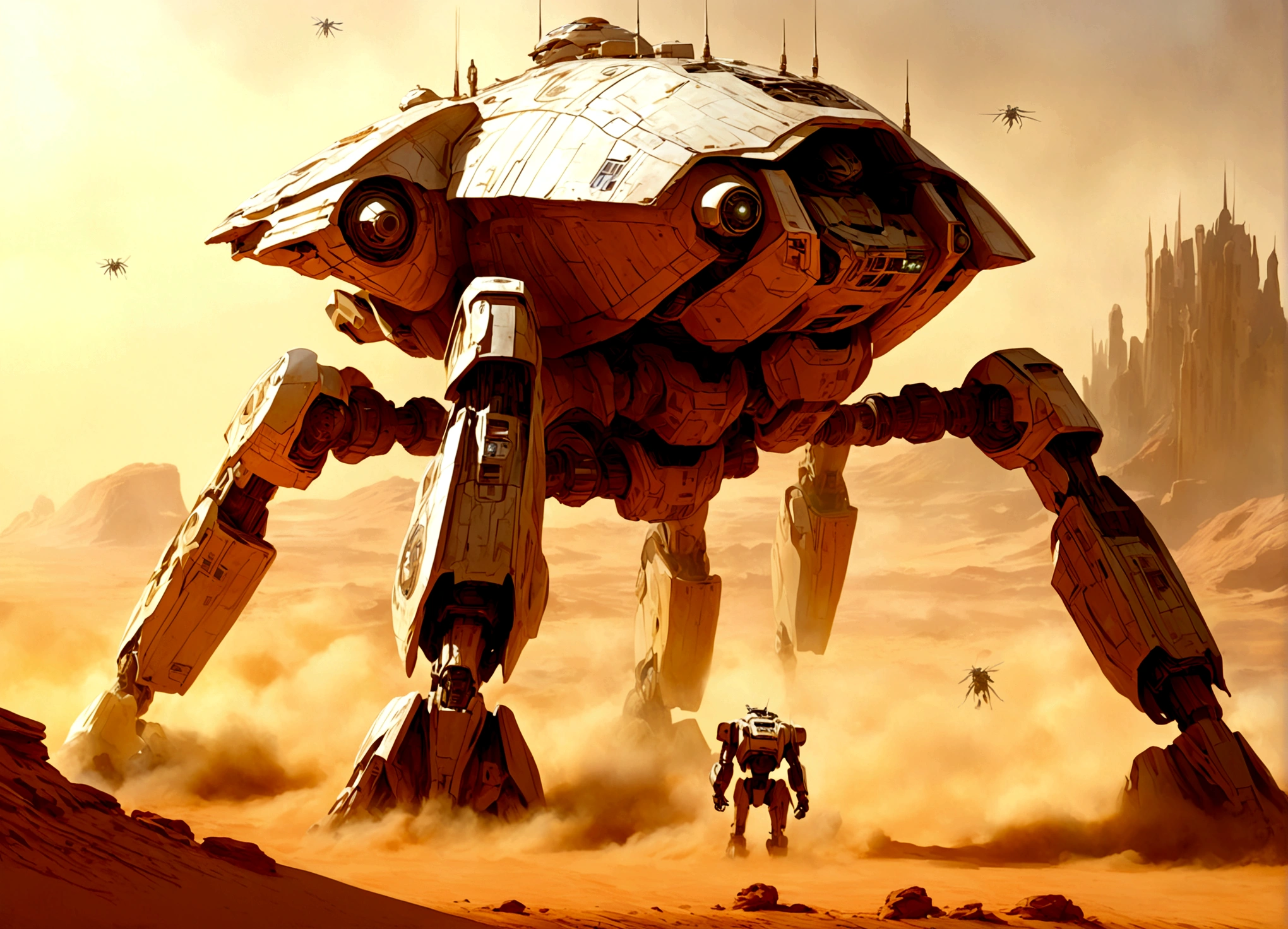 Star Wars, an imperial armored walker (mecha with big guns) assault an alien stronghold (organic appearance, like an insect hive) on a desert world, fire fight