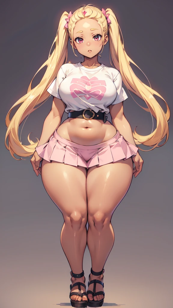 blank background, (((full body))), (masterpiece), ((best quality)), flat chest, (forehead), short twintail, (wide hips:1.6), (thick thighs:1.4), (very short skirt), sandals, belt below navel, blonde, (pink tshirt), (dark skin)