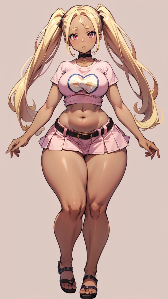blank background, (((full body))), (masterpiece), ((best quality)), flat chest, (forehead), short twintail, (wide hips:1.6), (thick thighs:1.4), (very short skirt), sandals, belt below navel, blonde, (pink tshirt), (dark skin)