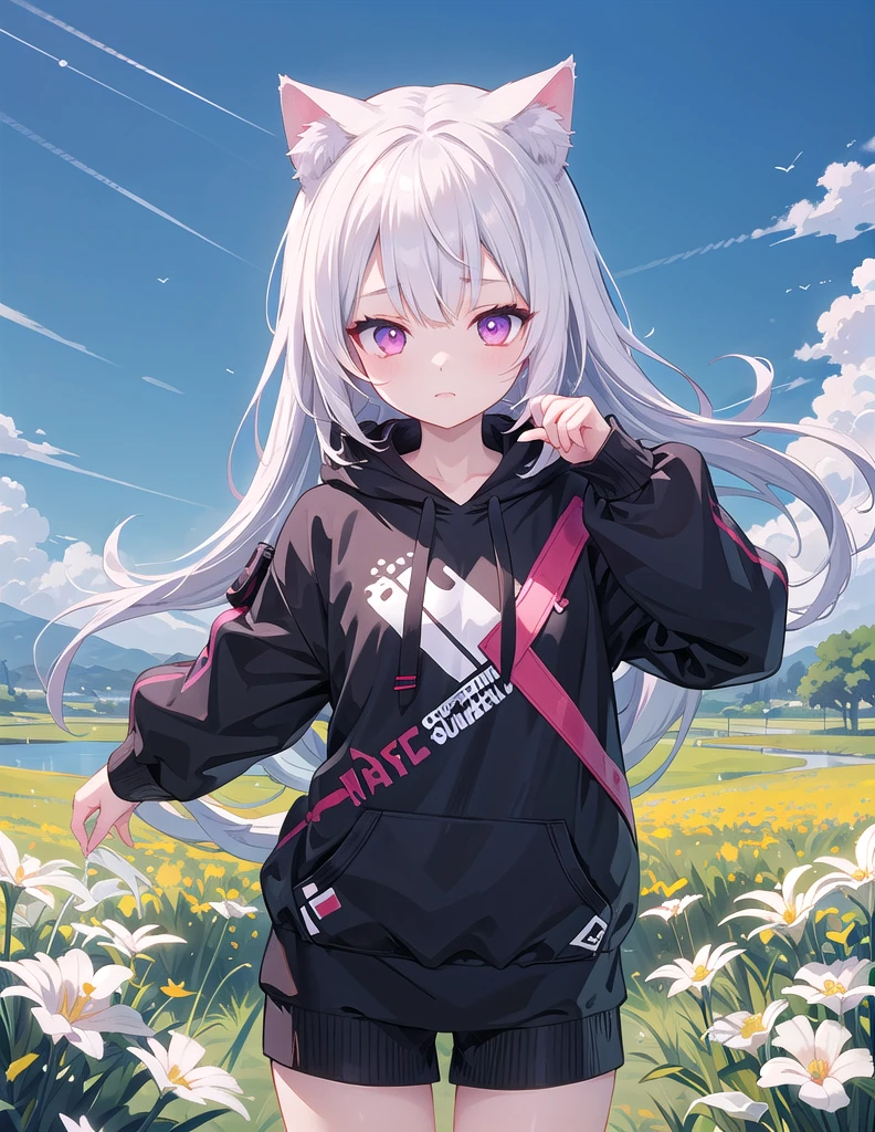 White-haired anime girl in a black hoodie posing in a field, From Girl Front, Anime style, Artwork in the style of Guweiz, guweiz on pixiv artstation, Girls Frontline style, Anime style, guweiz on artstation pixiv, Anime girl with cat ears, Cute anime catwoman, Cute girl anime visual