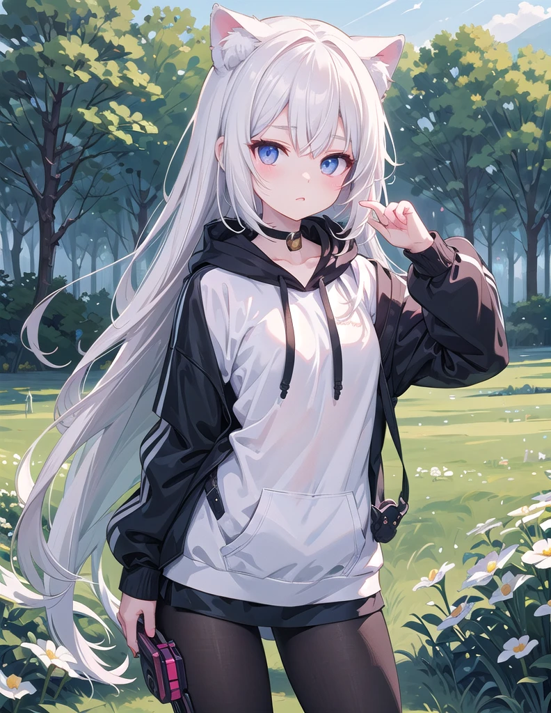 White-haired anime girl in a black hoodie posing in a field, From Girl Front, Anime style, Artwork in the style of Guweiz, guweiz on pixiv artstation, Girls Frontline style, Anime style, guweiz on artstation pixiv, Anime girl with cat ears, Cute anime catwoman, Cute girl anime visual
