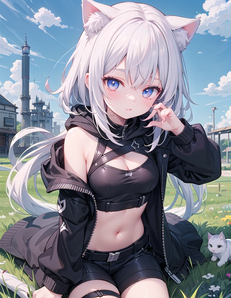 White-haired anime girl in a black hoodie posing in a field, From Girl Front, Anime style, Artwork in the style of Guweiz, guweiz on pixiv artstation, Girls Frontline style, Anime style, guweiz on artstation pixiv, Anime girl with cat ears, Cute anime catwoman, Cute girl anime visual