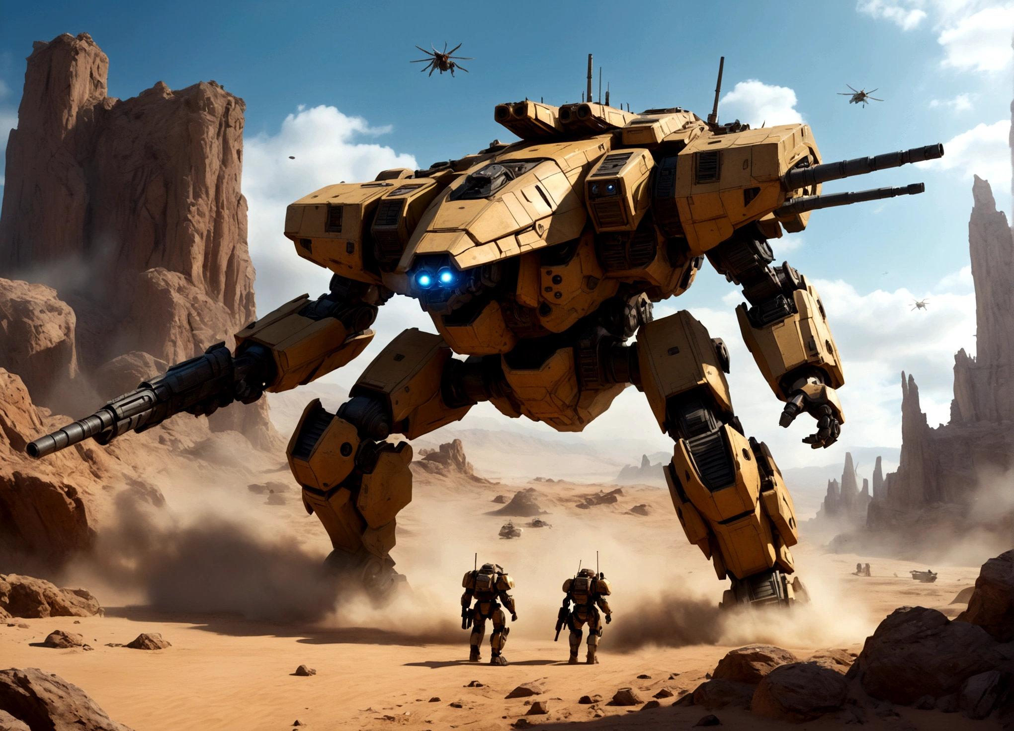 a massive imperial armored walker, huge mechanical mecha with big guns, assaulting an alien stronghold with organic, insect-like hive architecture on a desert planet, intense firefight, dynamic action scene, cinematic, concept art style, highly detailed, photorealistic, 8k, dramatic lighting, vivid colors, volumetric fog, (best quality,4k,8k,highres,masterpiece:1.2),ultra-detailed,(realistic,photorealistic,photo-realistic:1.37)