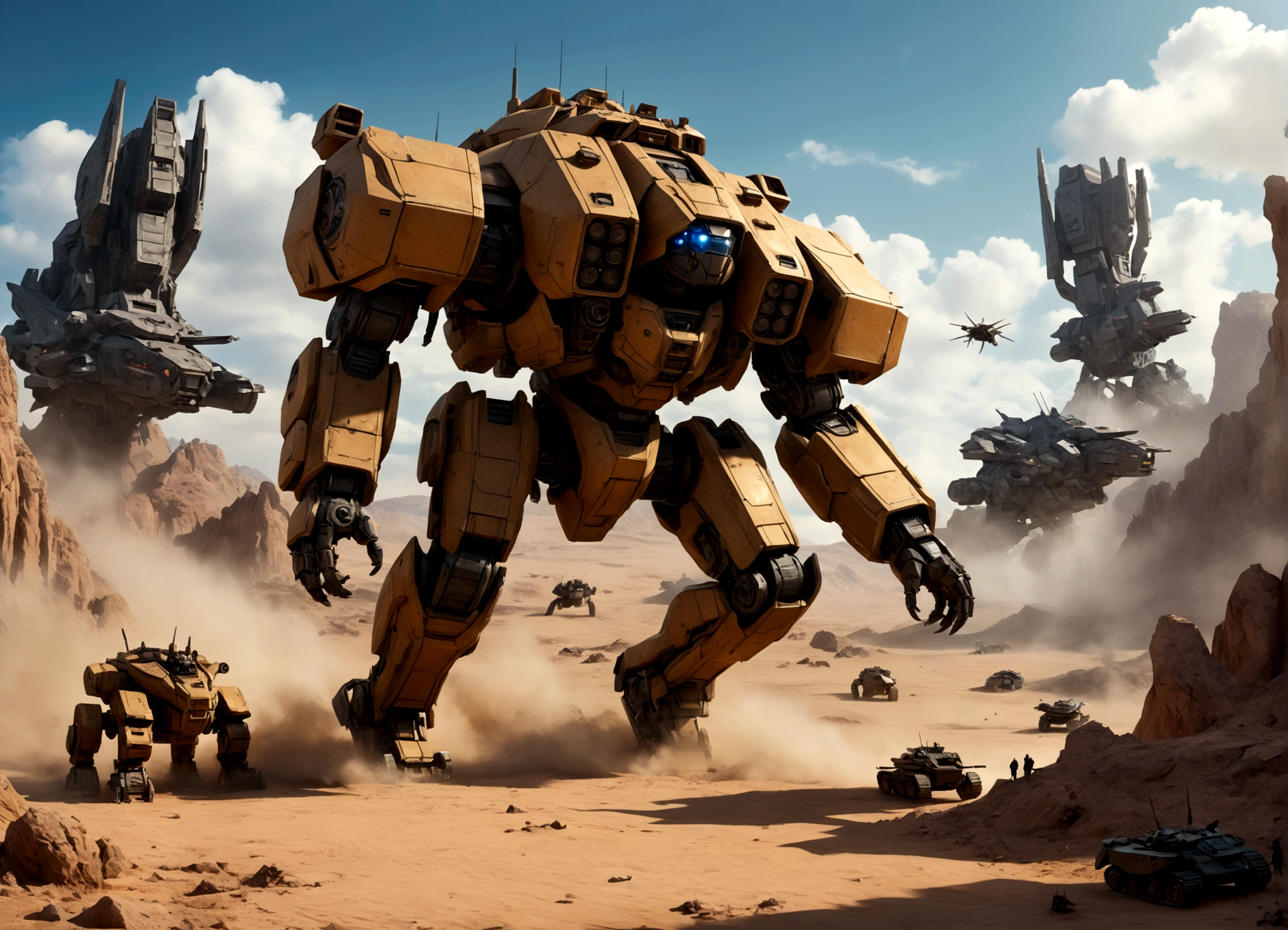 a massive imperial armored walker, huge mechanical mecha with big guns, assaulting an alien stronghold with organic, insect-like hive architecture on a desert planet, intense firefight, dynamic action scene, cinematic, concept art style, highly detailed, photorealistic, 8k, dramatic lighting, vivid colors, volumetric fog, (best quality,4k,8k,highres,masterpiece:1.2),ultra-detailed,(realistic,photorealistic,photo-realistic:1.37)