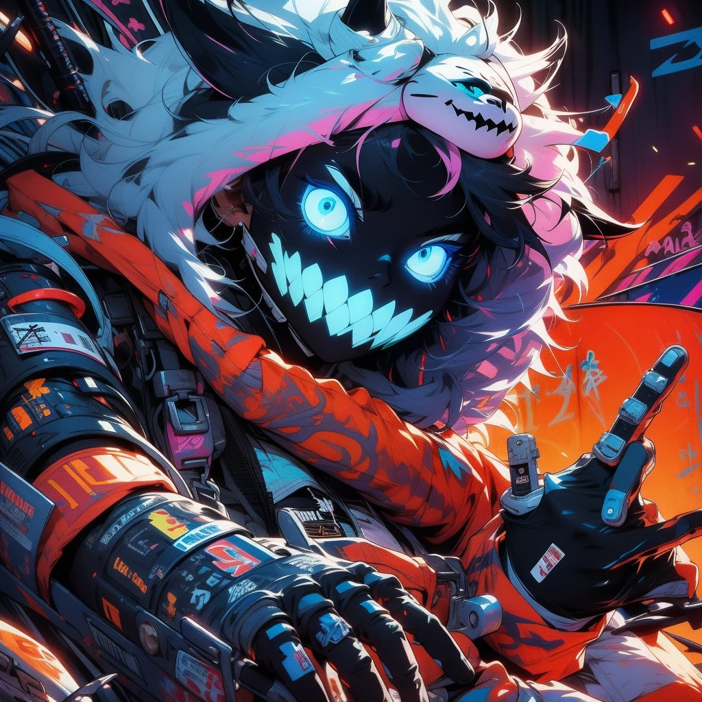 Ultra HD, anime realistic. Badass South Asian girl with short, windblown black hair and piercing electric blue eyes. Smirking confidently, she leans against a graffiti-covered wall in a neon-lit cyberpunk alleyway. Clad in a black tactical outfit with exposed arm guards, she grips a glowing katana at her side.