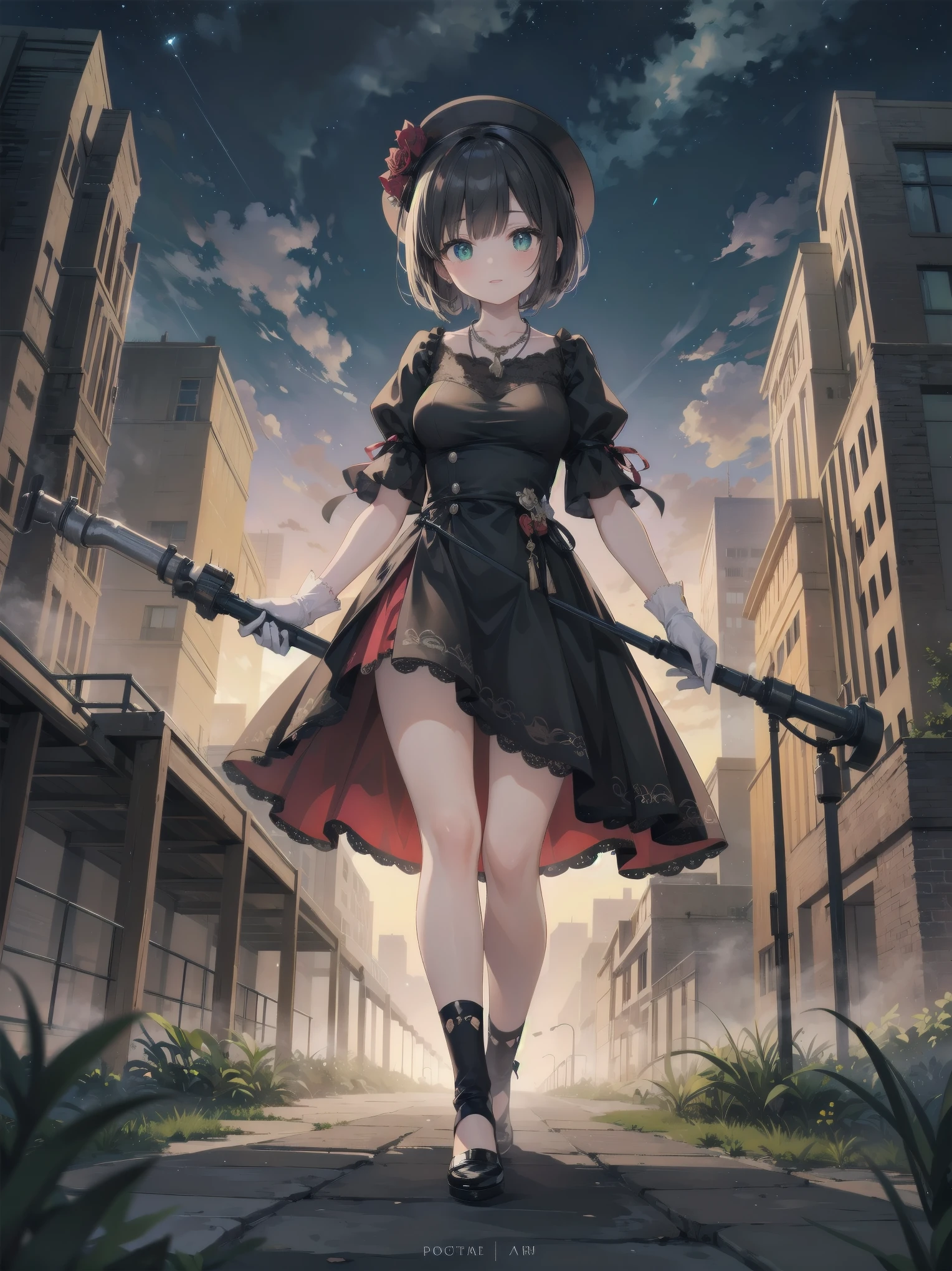 (Masterpiece:1.2), (Top quality: 1.2), Super high resolution, Very detailed,.
BREAK.
, ((Anime girl standing with happiness in her hands)), Crazy girl, (1,Lolita,Boyish, , 12 years old: 1.3), Light smile, , Girl looking like a boy, Bob-cut hair, Shaggy hair, Very large breasts, nubile, slender body, overflowing with soft fat mass. Small hips, Vertically large eyes, Fine and beautiful eyes, Well-proportioned irises and pupils, Expressive eyes, Beautifully detailed lips, High resolution detailed hair, Perfect eyes, Perfect face, Super dense skin, Full fingers, Perfect lighting,.
BREAK,.
((light green necklace)), ((black and red fine dress: 1.3)), light green tie, shining sapphire, lady, wearing white gloves,.
BREAK.
, (Steampunk), Castle balcony, Skyscraper, Night view, Equipment, Ancient ruins, Tradition, Overwhelming, Magnificent, Steam, Pipes, (Steam spewing out from pipes:1.2), Fantasy, Victorian other world, Early 19th century, Road, trees, clouds, night sky, shading, effects, detail. Masterpiece background,
BREAK.
((Positive: 1.3)),.
BREAK.
, digital animated art, cartoon-style illustrations, cartoon illustrations