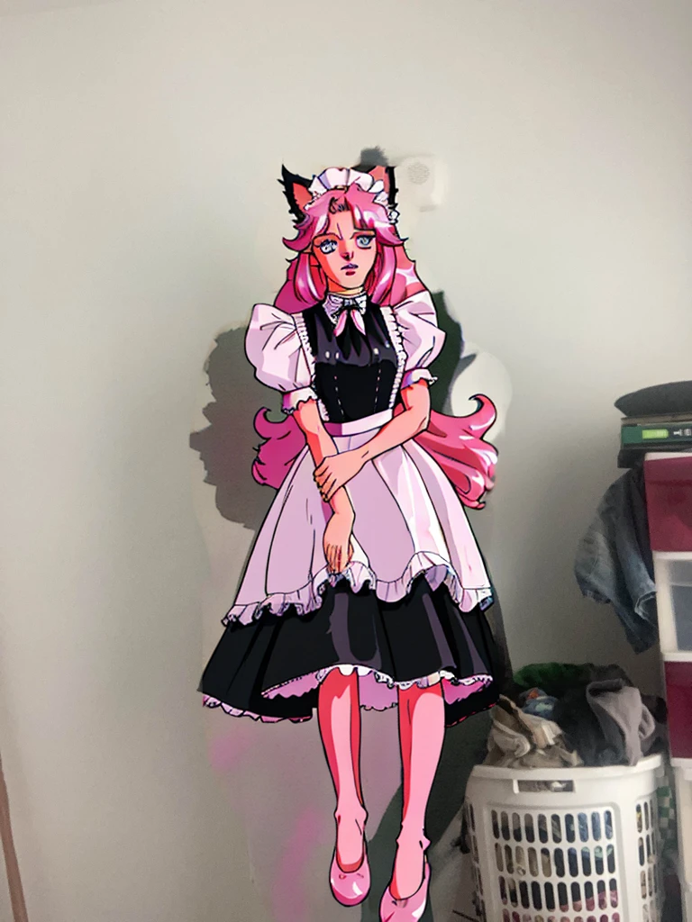 16k, HD, Professional, Highly Detailed, ((Masterpiece: 0.3)), (((High Quality))), Ultra-detailed face, Highly Detailed Lips, Detailed Eyes, full body, cat girl maid, anime, pink hair, long legs, large eyes
