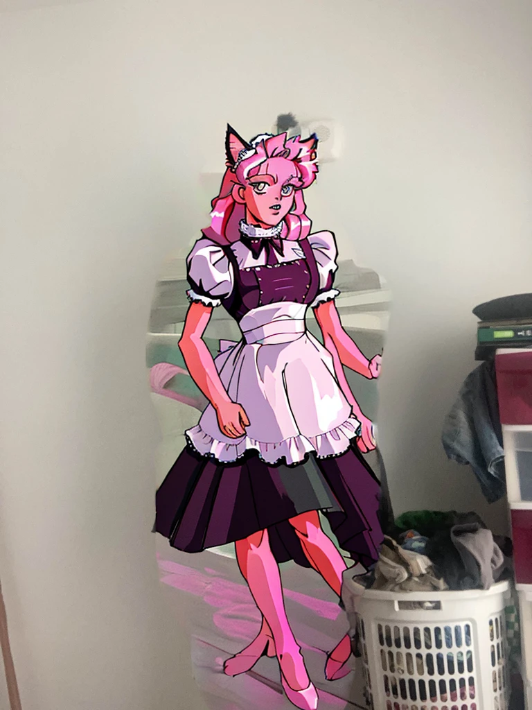 16k, HD, Professional, Highly Detailed, ((Masterpiece: 0.3)), (((High Quality))), Ultra-detailed face, Highly Detailed Lips, Detailed Eyes, full body, cat girl maid, anime, pink hair, long legs, large eyes