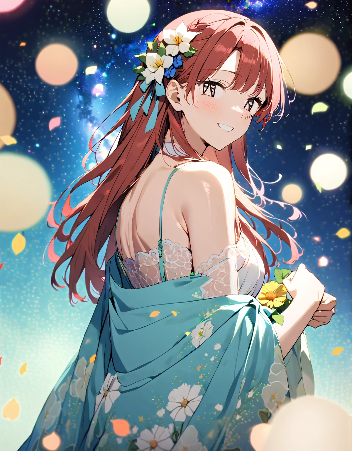 1 Girl. Old-fashioned smile. flowerびら.  __flower__. four seasons. Bokeh. ((後ろに美しいflower畑))
Nice body,  beautiful 肌. oily 肌. Very delicate and beautiful. Very detailed. Clear Eyes. Red hair light shines. Mysterious atmosphere. Hair accessories with attention to detail、Hair is tied））、((Amazing starry sky、))、Clothing Blue Robe
 