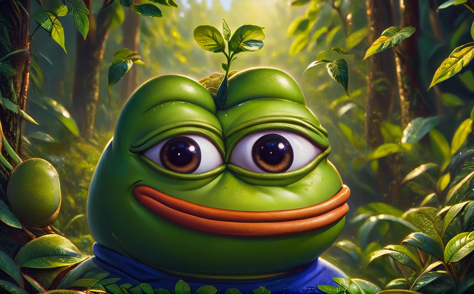 a pepe frog with friendly expression,pepe frog character,cute frog mascot,cartoon style,vibrant colors,detailed intricate design,digital illustration,surreal fantasy,whimsical concept,adorable frog character,frog joining a community,friendly frog mascot,warm and inviting atmosphere,soft textures,natural elements,lush foliage,sense of community,digital art,4k,8k,highres,masterpiece,ultra-detailed,realistic,photorealistic