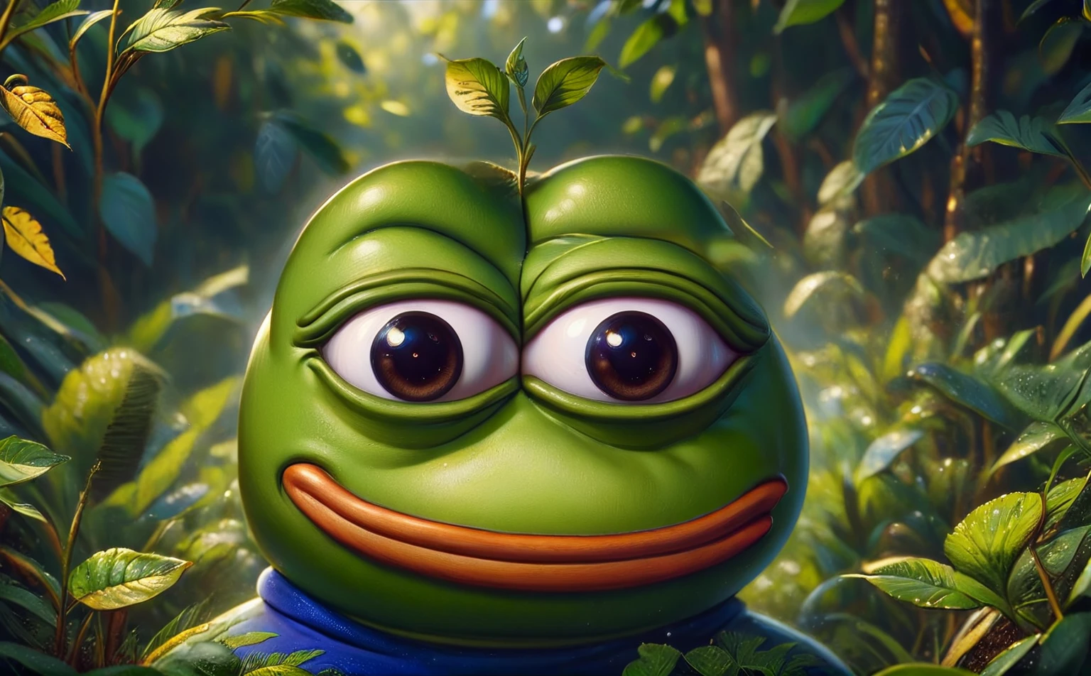 a pepe frog with friendly expression,pepe frog character,cute frog mascot,cartoon style,vibrant colors,detailed intricate design,digital illustration,surreal fantasy,whimsical concept,adorable frog character,frog joining a community,friendly frog mascot,warm and inviting atmosphere,soft textures,natural elements,lush foliage,sense of community,digital art,4k,8k,highres,masterpiece,ultra-detailed,realistic,photorealistic