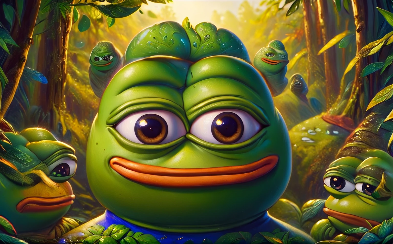 a pepe frog with friendly expression,pepe frog character,cute frog mascot,cartoon style,vibrant colors,detailed intricate design,digital illustration,surreal fantasy,whimsical concept,adorable frog character,frog joining a community,friendly frog mascot,warm and inviting atmosphere,soft textures,natural elements,lush foliage,sense of community,digital art,4k,8k,highres,masterpiece,ultra-detailed,realistic,photorealistic