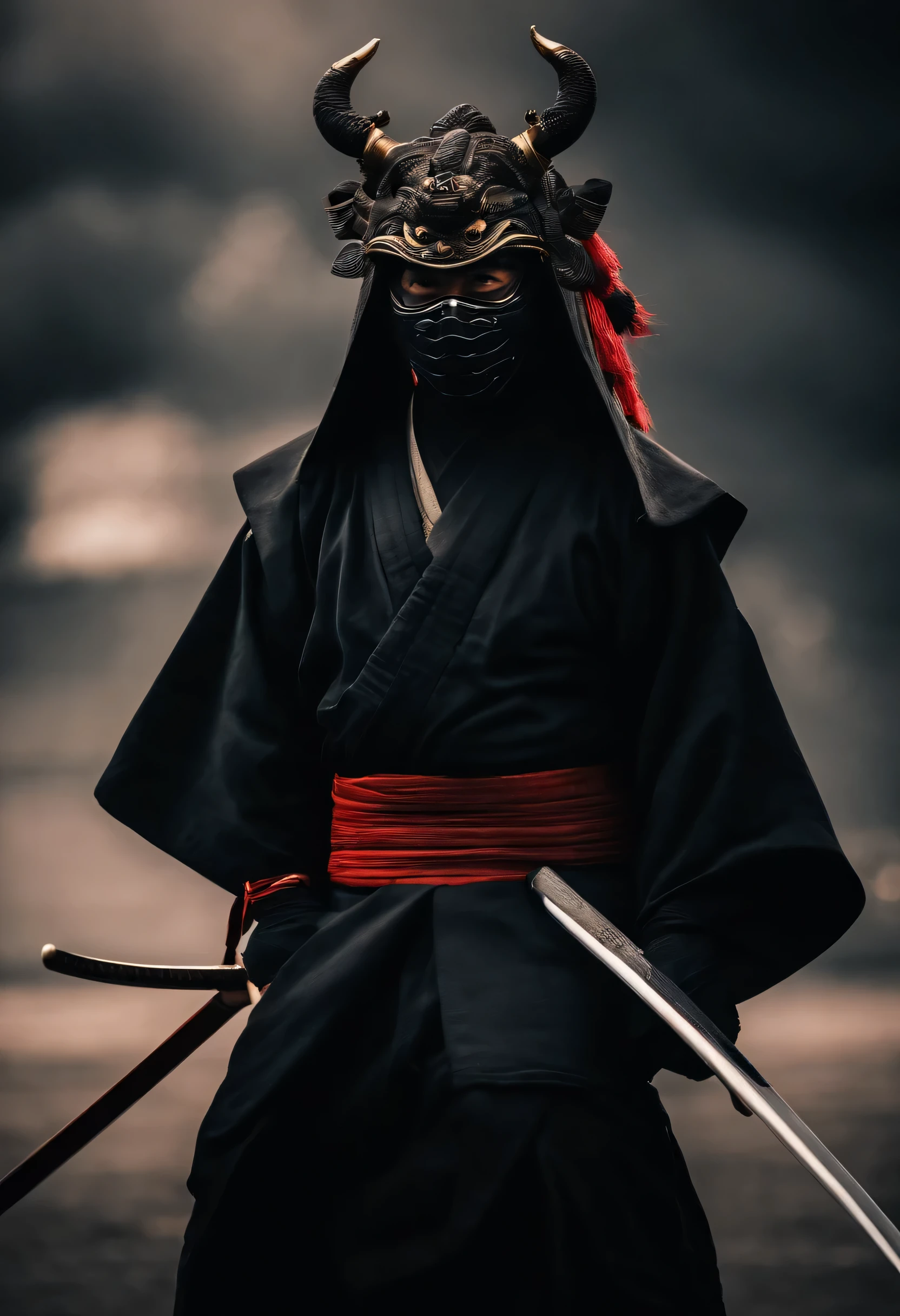 A ninja with a Japanese oni mask, with a black outfit, Ominously