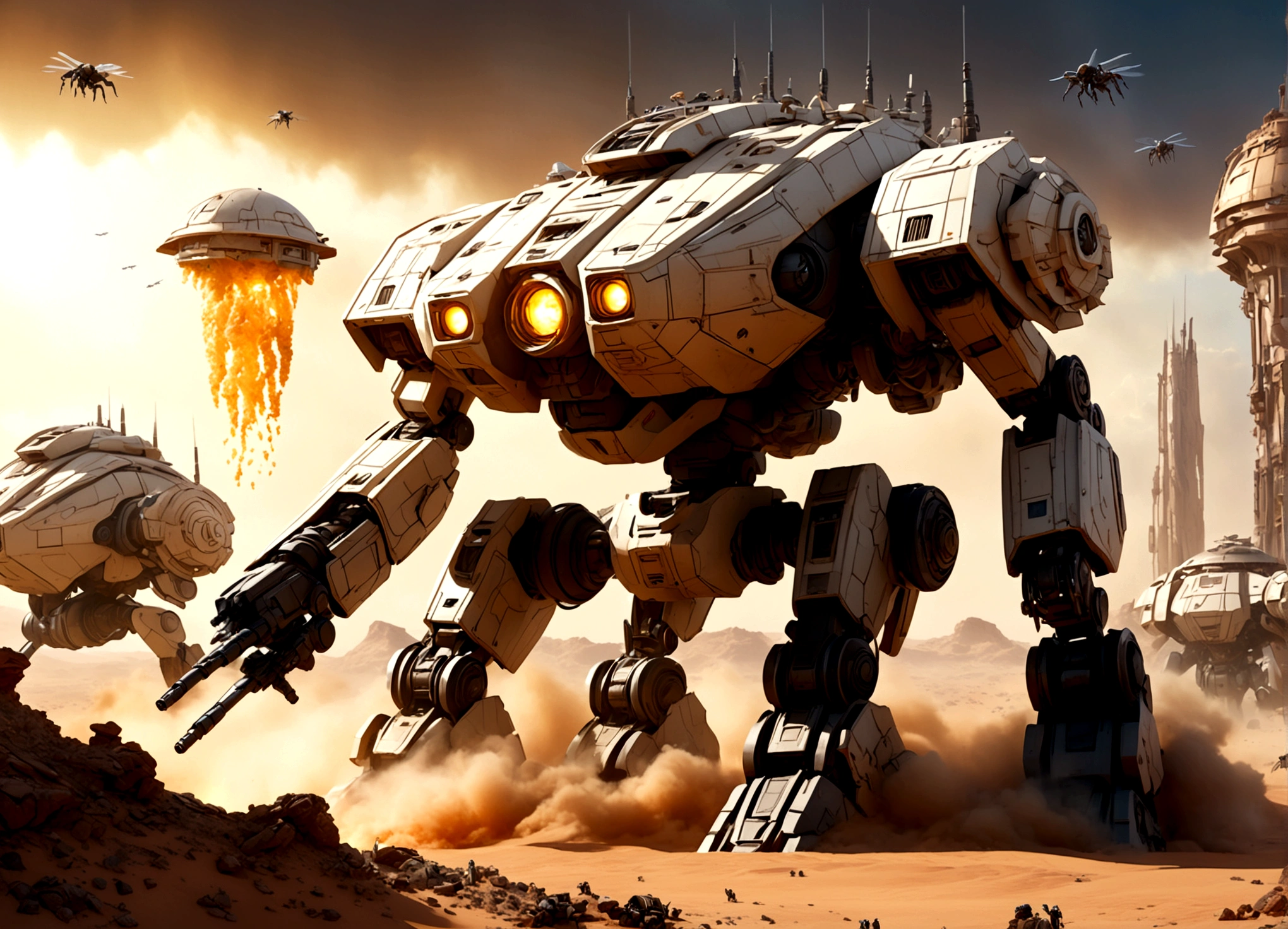 a massive imperial armored walker, huge mechanical mecha with big guns, assaulting an alien stronghold with organic, insect-like hive architecture on a desert planet, intense firefight, dynamic action scene, cinematic, concept art style, highly detailed, photorealistic, 8k, dramatic lighting, vivid colors, volumetric fog, (best quality,4k,8k,highres,masterpiece:1.2),ultra-detailed,(realistic,photorealistic,photo-realistic:1.37)