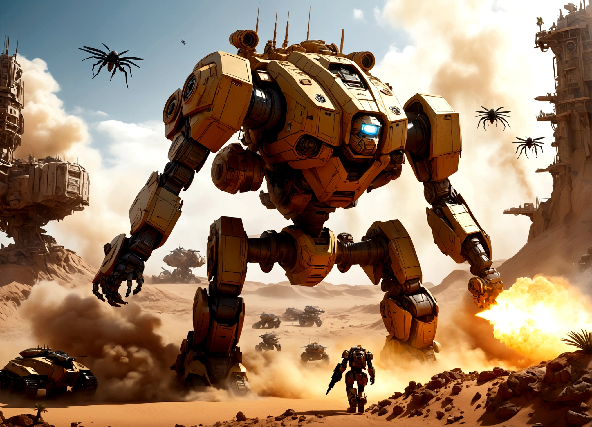 a massive imperial armored walker, huge mechanical mecha with big guns, assaulting an alien stronghold with organic, insect-like hive architecture on a desert planet, intense firefight, dynamic action scene, cinematic, concept art style, highly detailed, photorealistic, 8k, dramatic lighting, vivid colors, volumetric fog, (best quality,4k,8k,highres,masterpiece:1.2),ultra-detailed,(realistic,photorealistic,photo-realistic:1.37)
