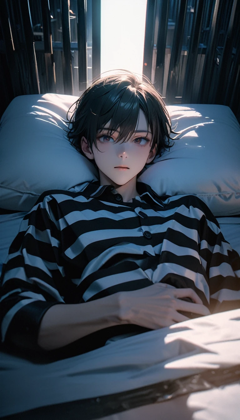 (8K, RAW photos, best quality, masterpiece: 1.4), (((Boy lying on hard bed)))，Ultra-high resolution, Extremely detailed, light, Full body close-up, handsome boy, black eyes, (delicate eyes, Eyes are bright:1.2), Gray short hair, Fair skin,dark, Black horizontal striped prison uniform,The prison uniform has the number 010101,(perfect anatomy:1.2), High-quality shadows, Natural Lighting, (White highlights:1.2), night, cloudy day, (Dark room:1.2), (The prison is surrounded by steel walls.:1.2)