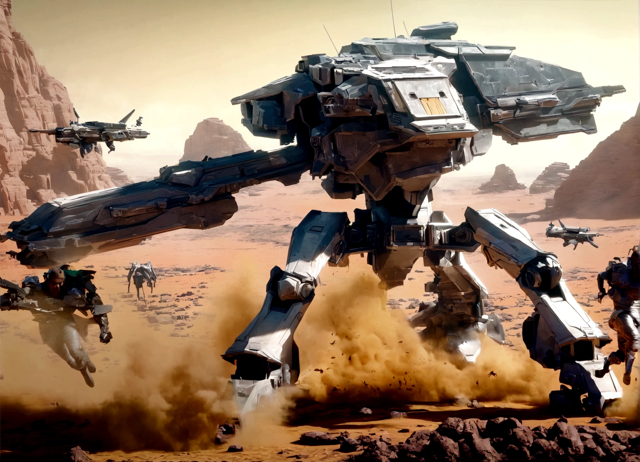 a massive imperial armored walker, huge mechanical mecha with big guns, assaulting an alien stronghold with organic, insect-like hive architecture on a desert planet, intense firefight, dynamic action scene, cinematic, concept art style, highly detailed, photorealistic, 8k, dramatic lighting, vivid colors, volumetric fog, (best quality,4k,8k,highres,masterpiece:1.2),ultra-detailed,(realistic,photorealistic,photo-realistic:1.37)